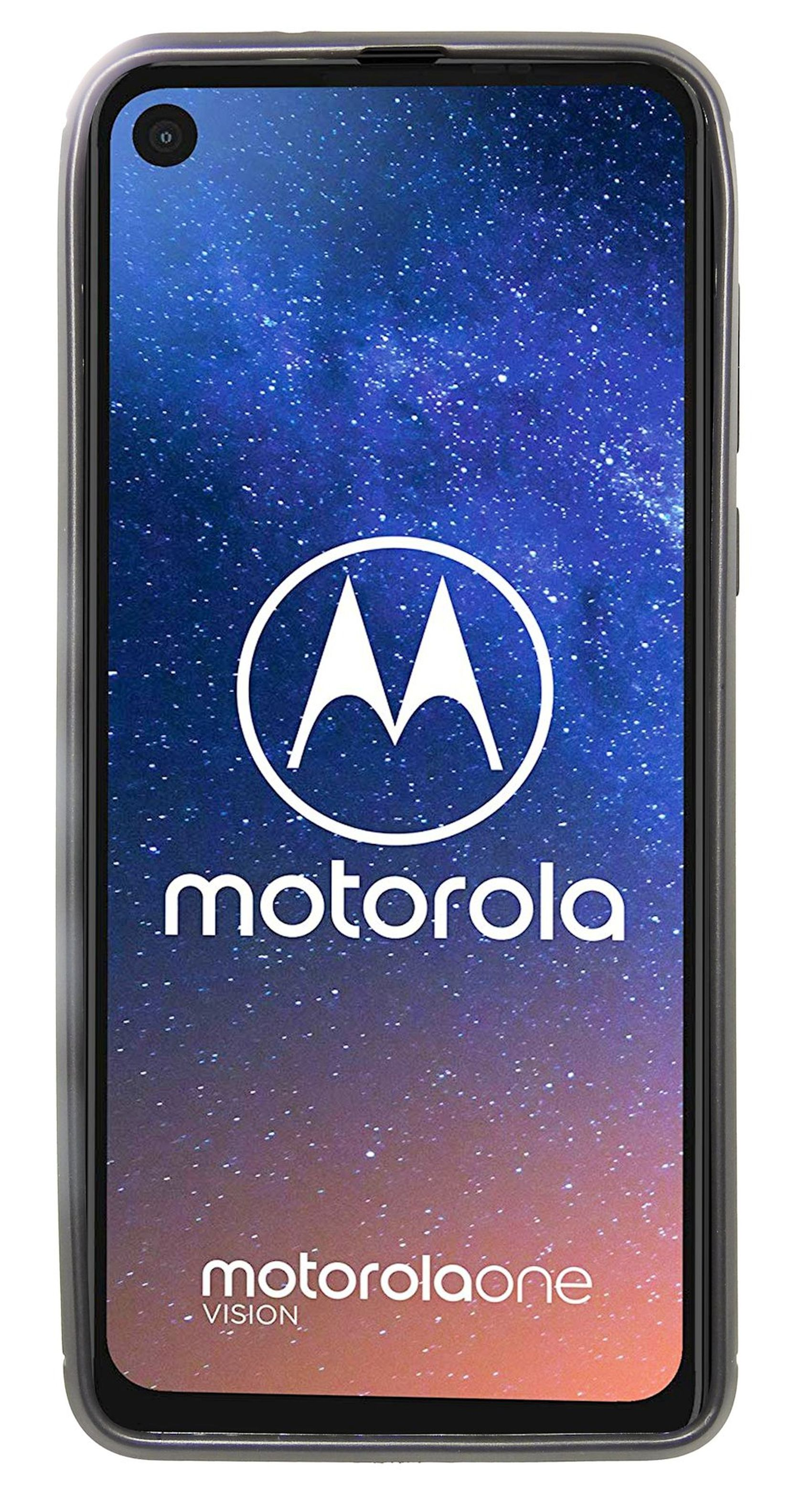 Motorola-Telefon, Bildschirm zeigt ein Galaxie-Bild mit Motorola-Logo. Schwarzer Rahmen. Weißer Hintergrund.