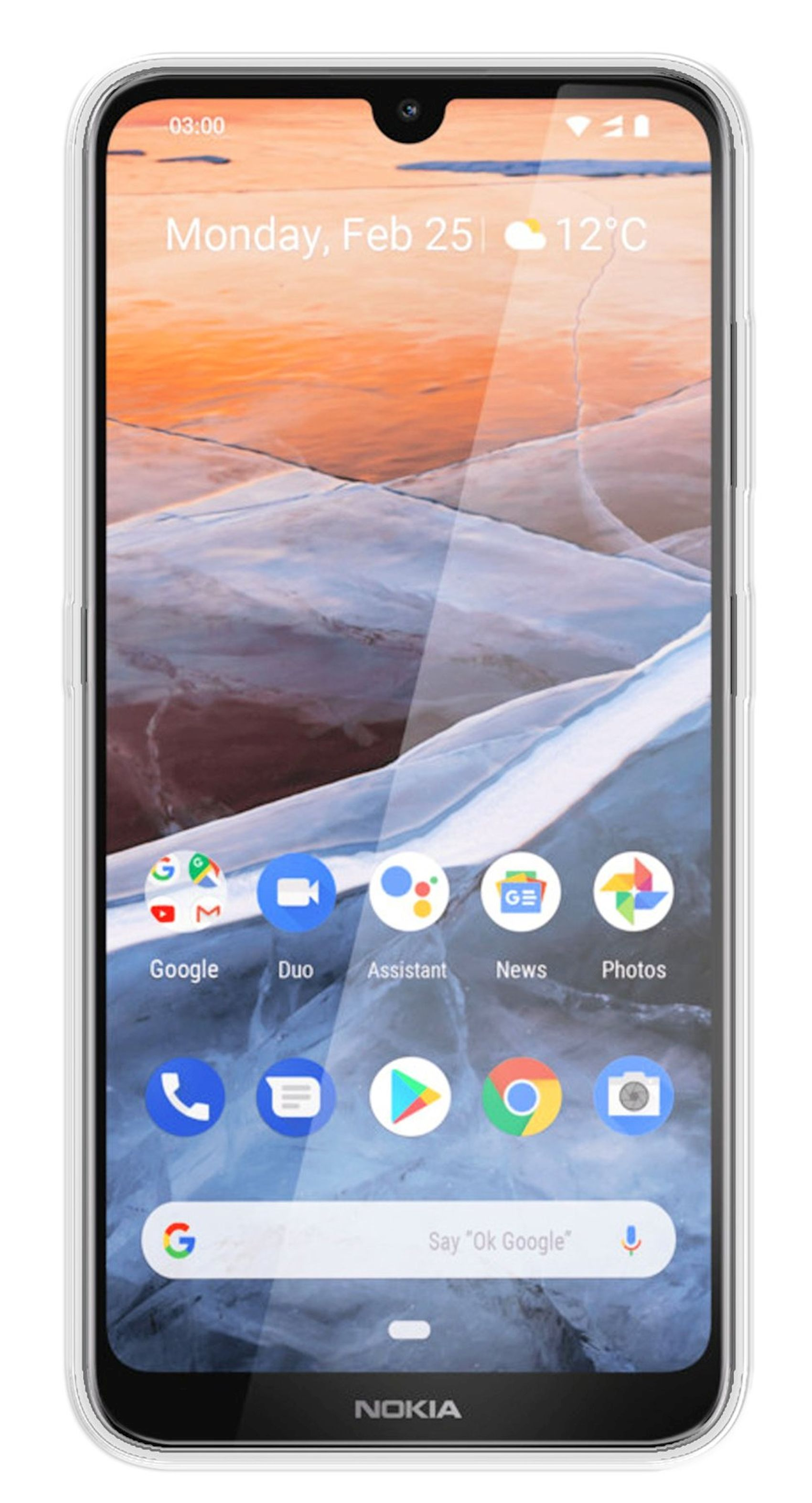 Nokia-Telefon mit klarer Hülle, zeigt den Startbildschirm mit App-Symbolen und Datum/Uhrzeit auf Weiß.