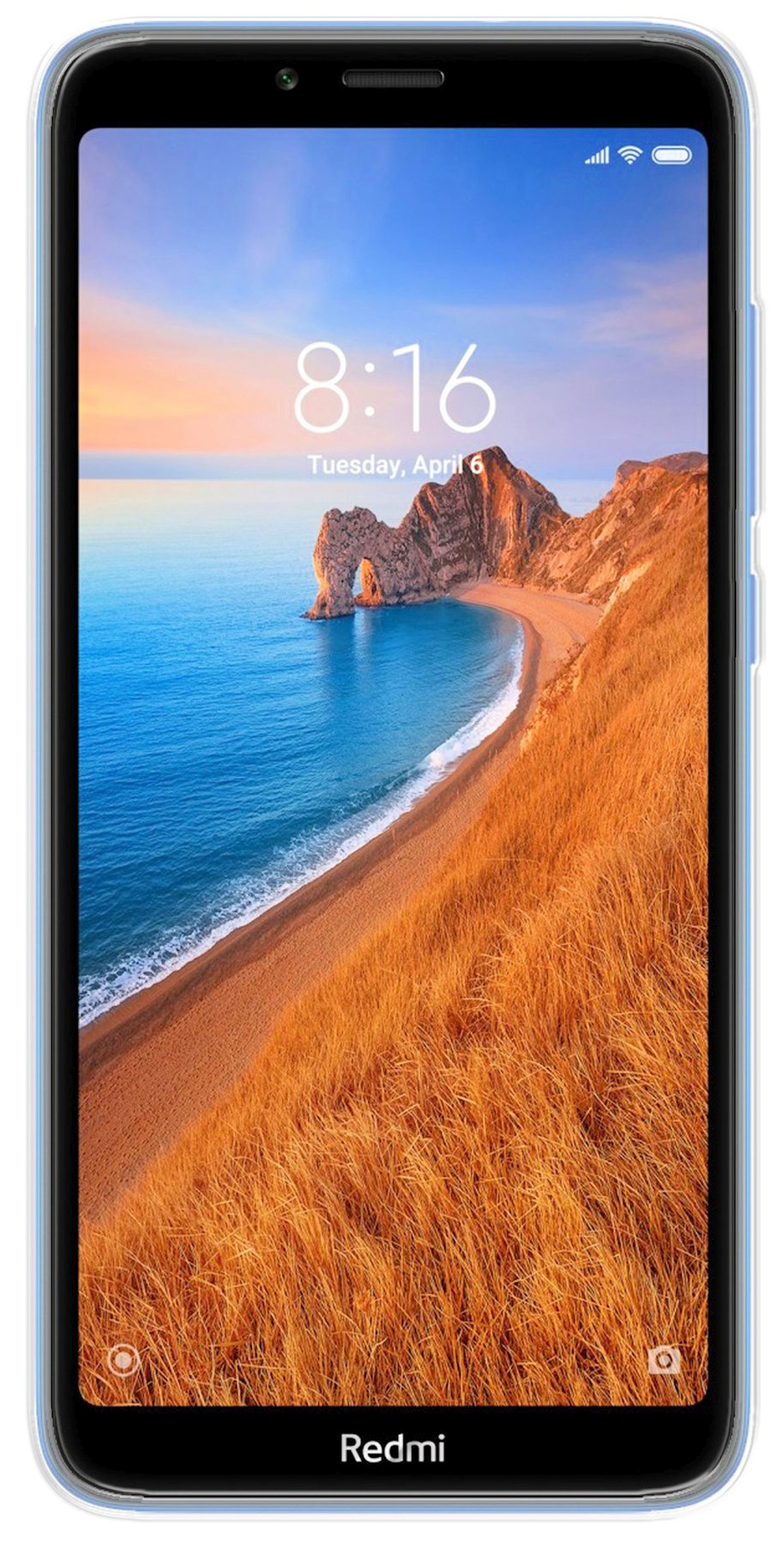 Ein Smartphone mit einem Hintergrundbild einer Strandszene. Das Gehäuse ist hellblau.