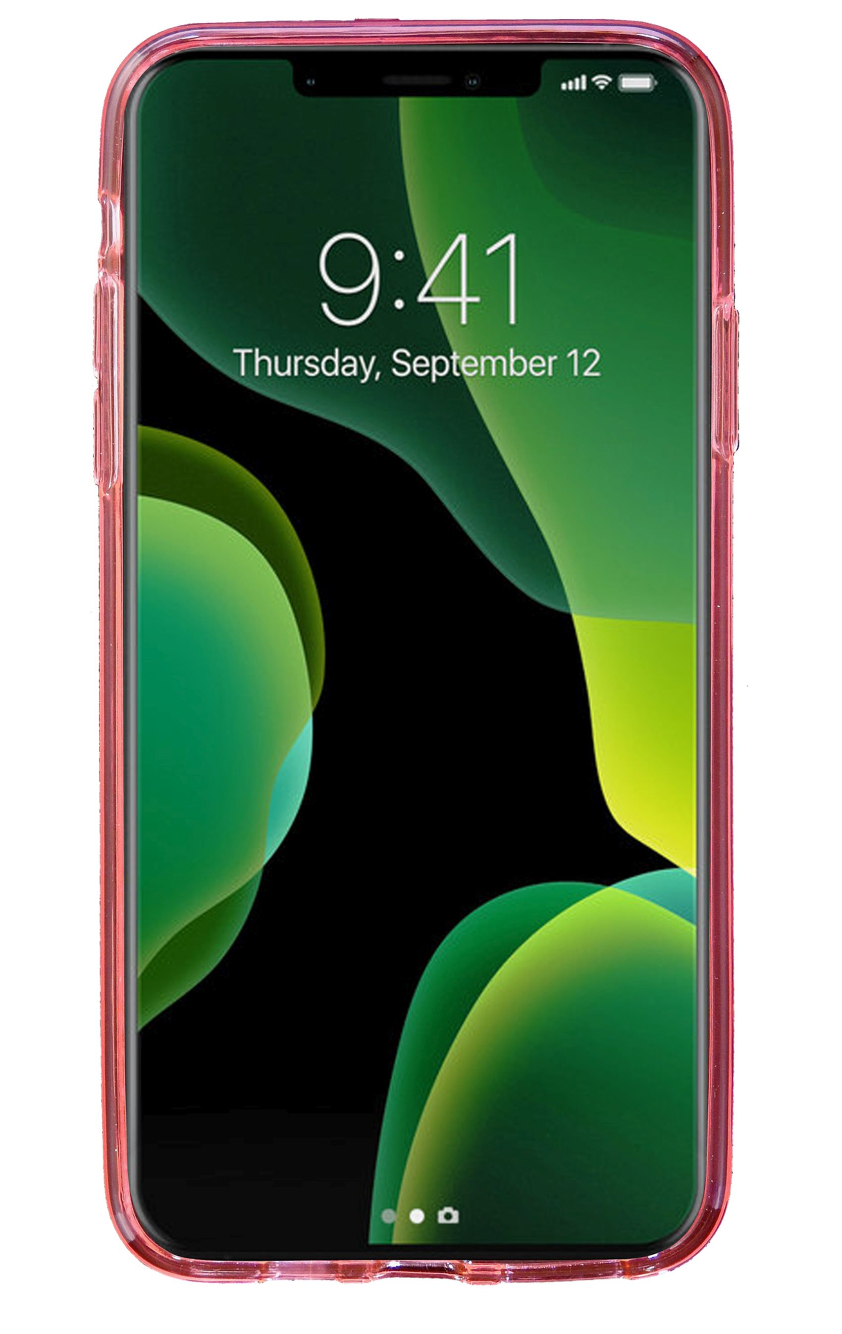 Rosa gerahmtes Telefon mit grün-schwarzem, abstraktem Hintergrundbild und der Uhrzeit 9:41.