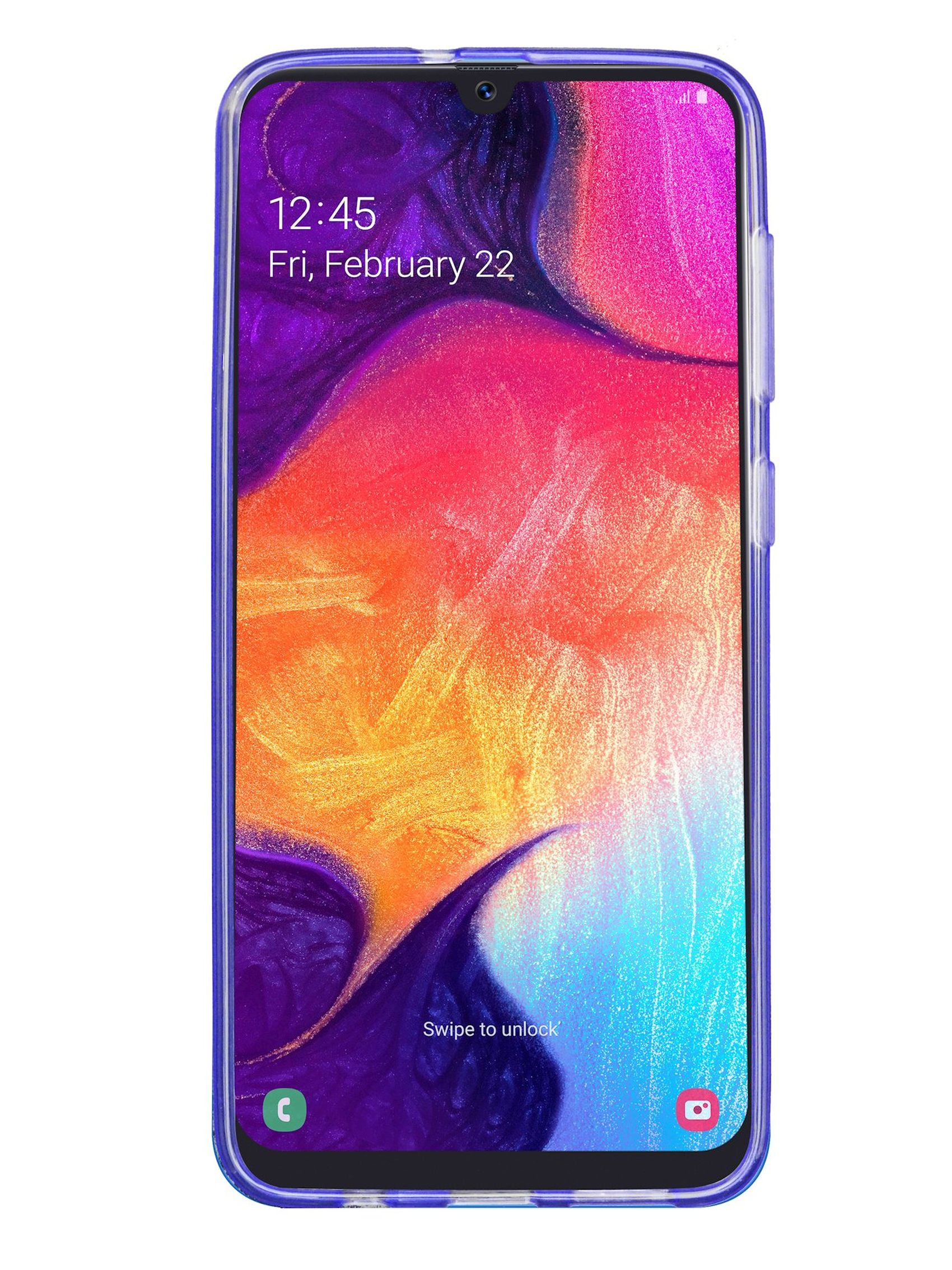Ein Samsung-Telefon mit blauem Gehäuse. Der Bildschirm zeigt Zeit und Datum an.