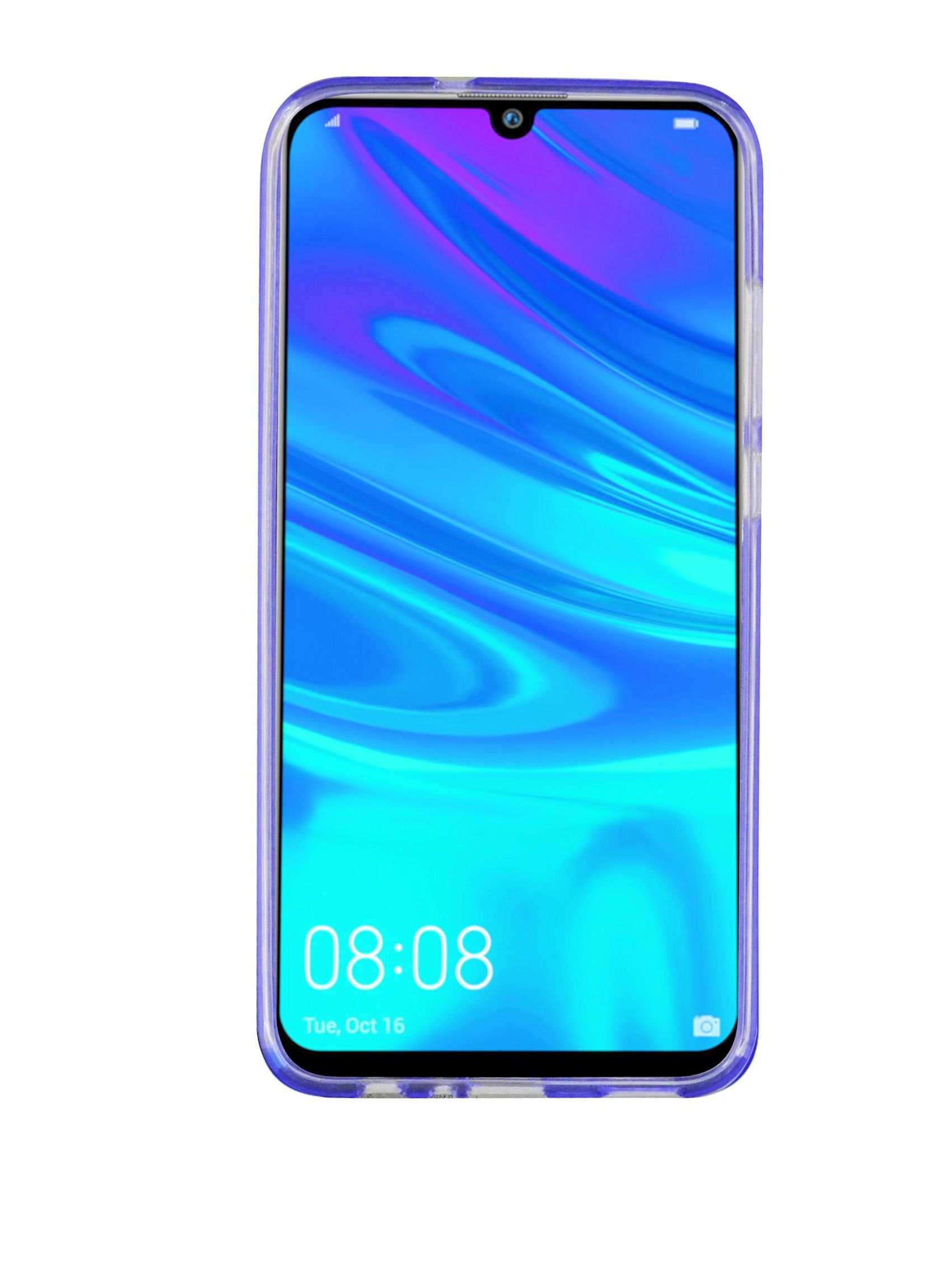 Lila Telefon in einer transparenten Hülle. Der Bildschirm zeigt Zeit und Datum auf weißem Hintergrund.
