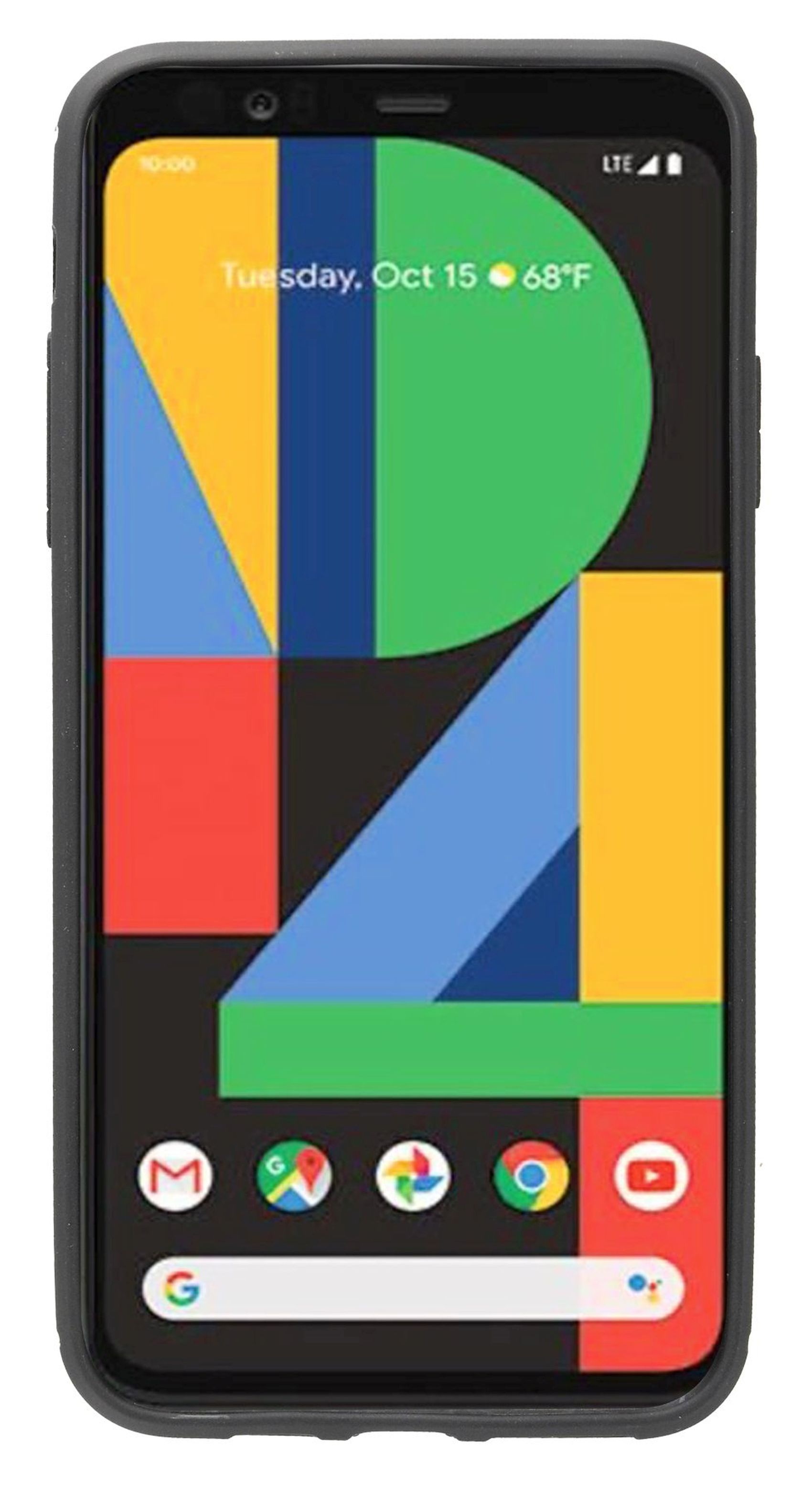 Google Pixel-Telefon in einer schwarzen Hülle. Das Telefon zeigt den Startbildschirm mit App-Symbolen.
