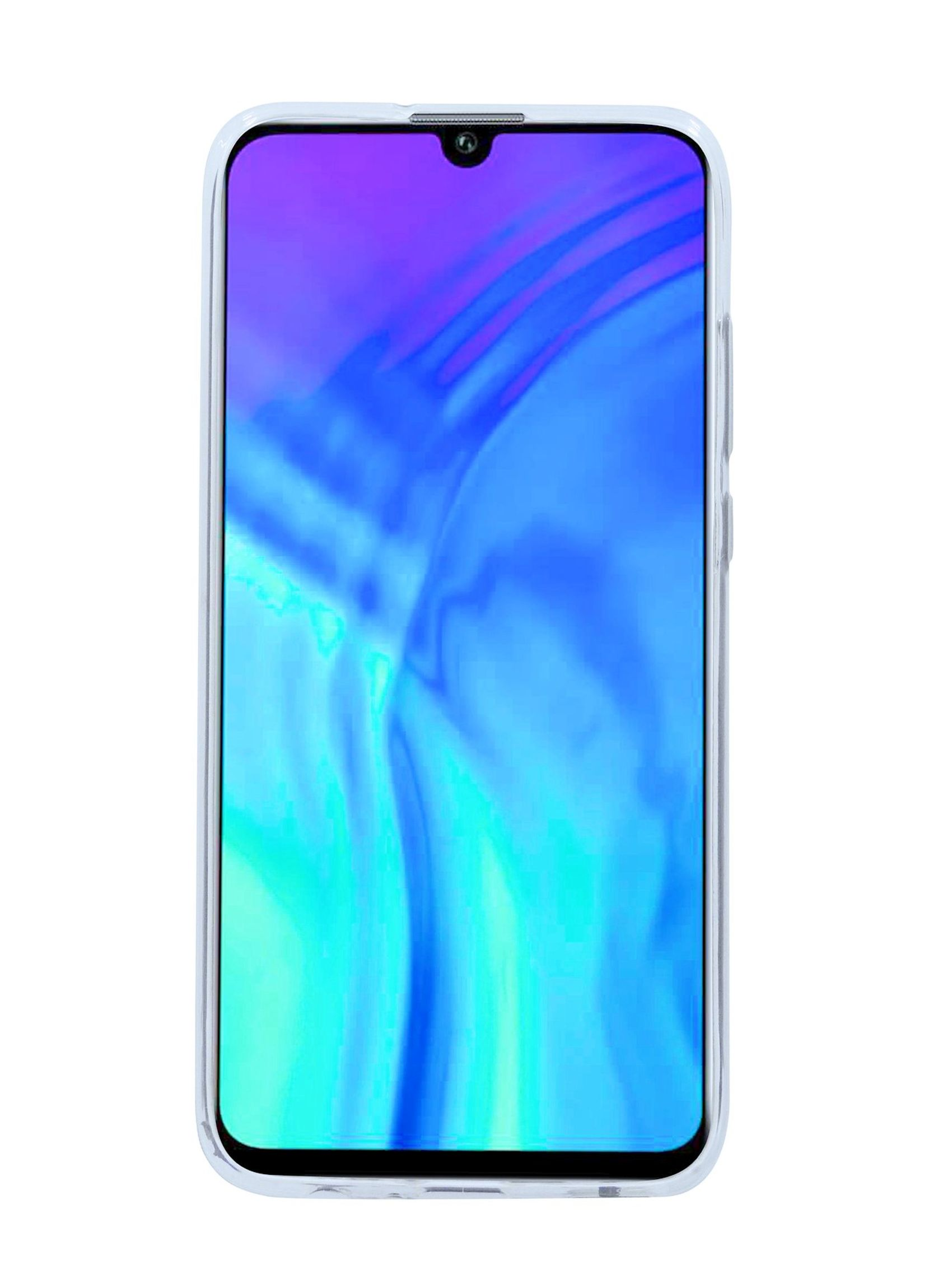 Smartphone mit klarer Hülle, zeigt farbenfrohes, abstraktes und lebendiges Display.