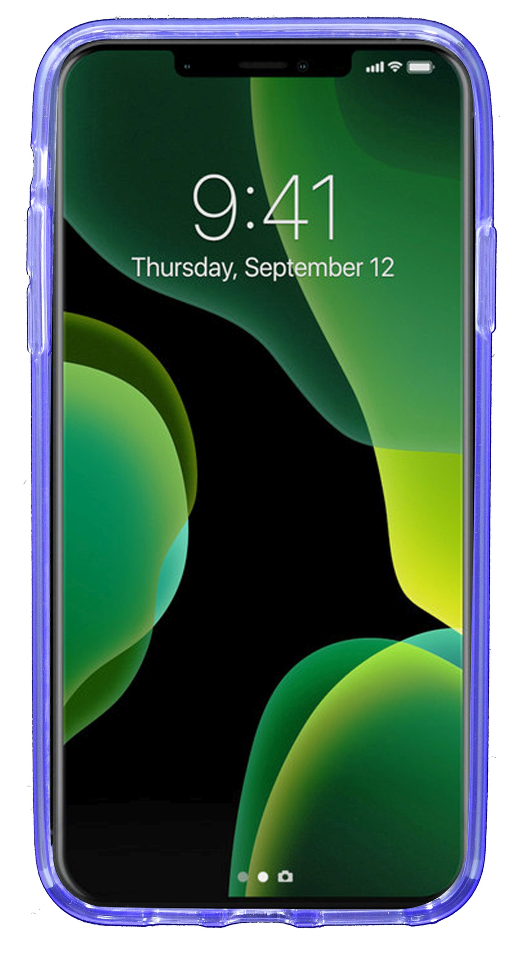 Telefon mit grünem und schwarzem Hintergrundbild, in einem lila Gehäuse. Zeigt Uhrzeit und Datum auf dem Bildschirm.