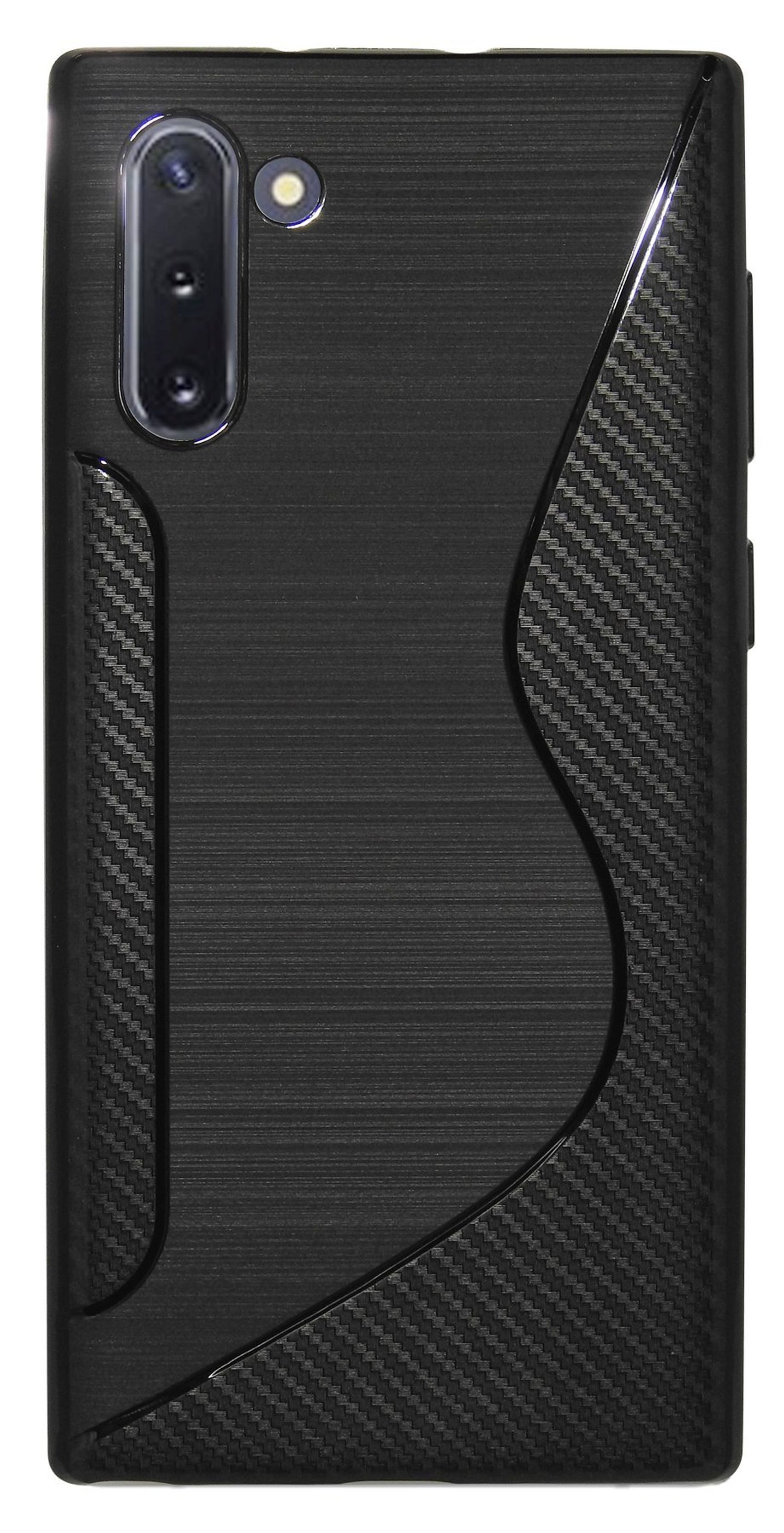 Eine schwarze Handyhülle mit strukturiertem Design. Die Rückseite des Telefons hat eine Kamera.