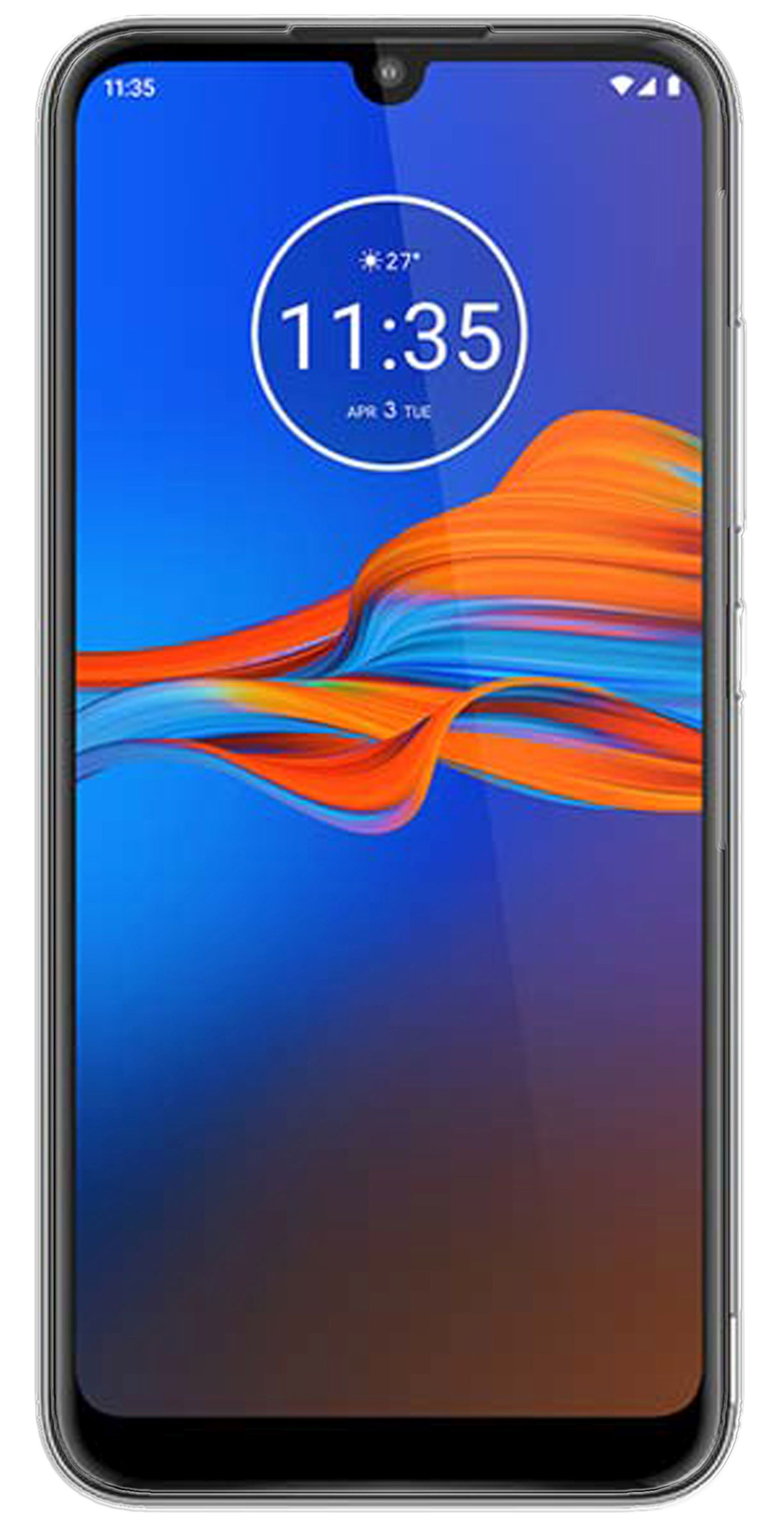 Smartphone mit blau-orangefarbenem Hintergrund, zeigt Uhrzeit und Datum.