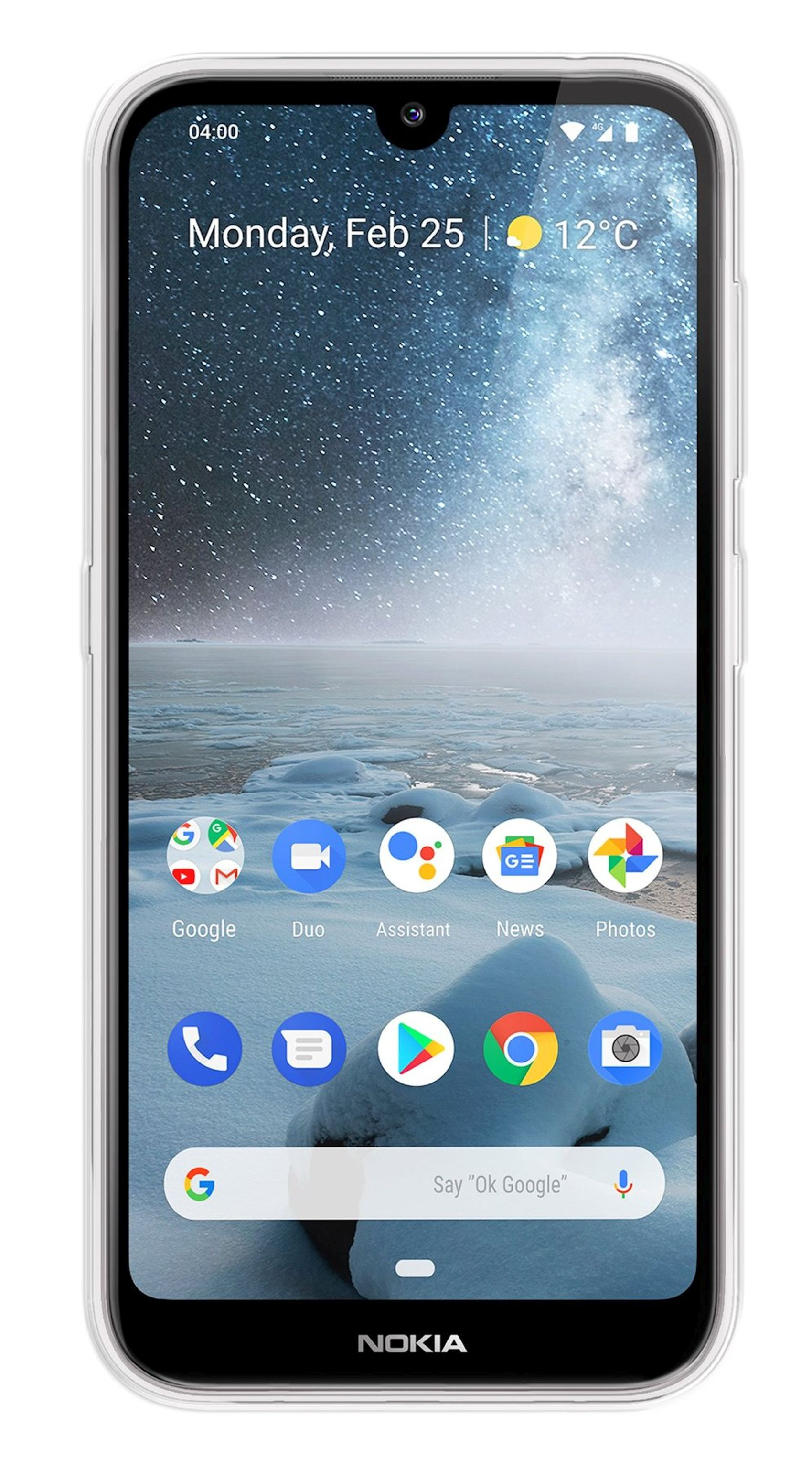 Ein Telefon in einer transparenten Hülle. Das Telefon zeigt die Uhrzeit, das Wetter und App-Symbole an.