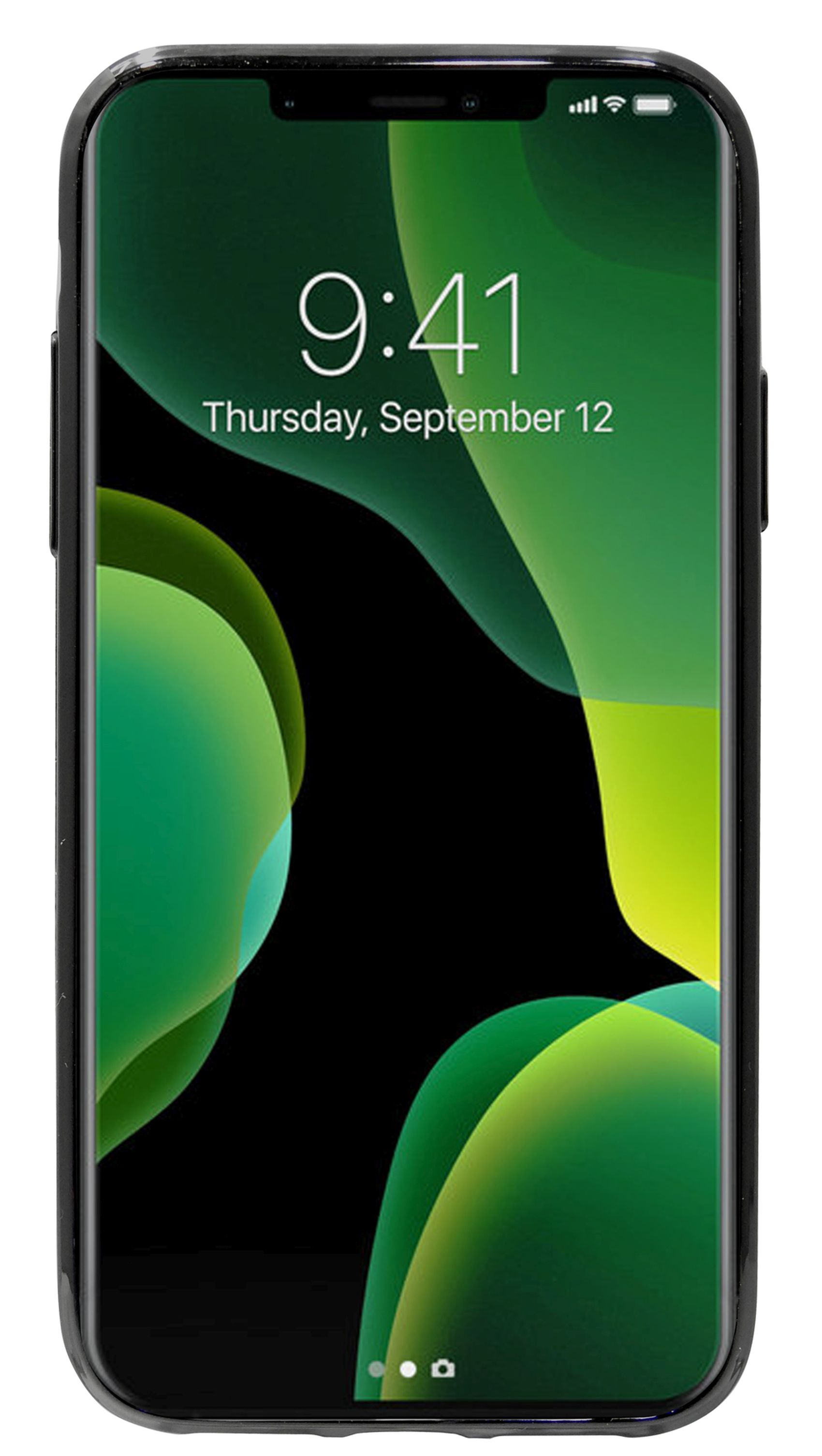 Schwarzes Telefon mit grünem Hintergrund. Zeigt die Uhrzeit und das Datum.