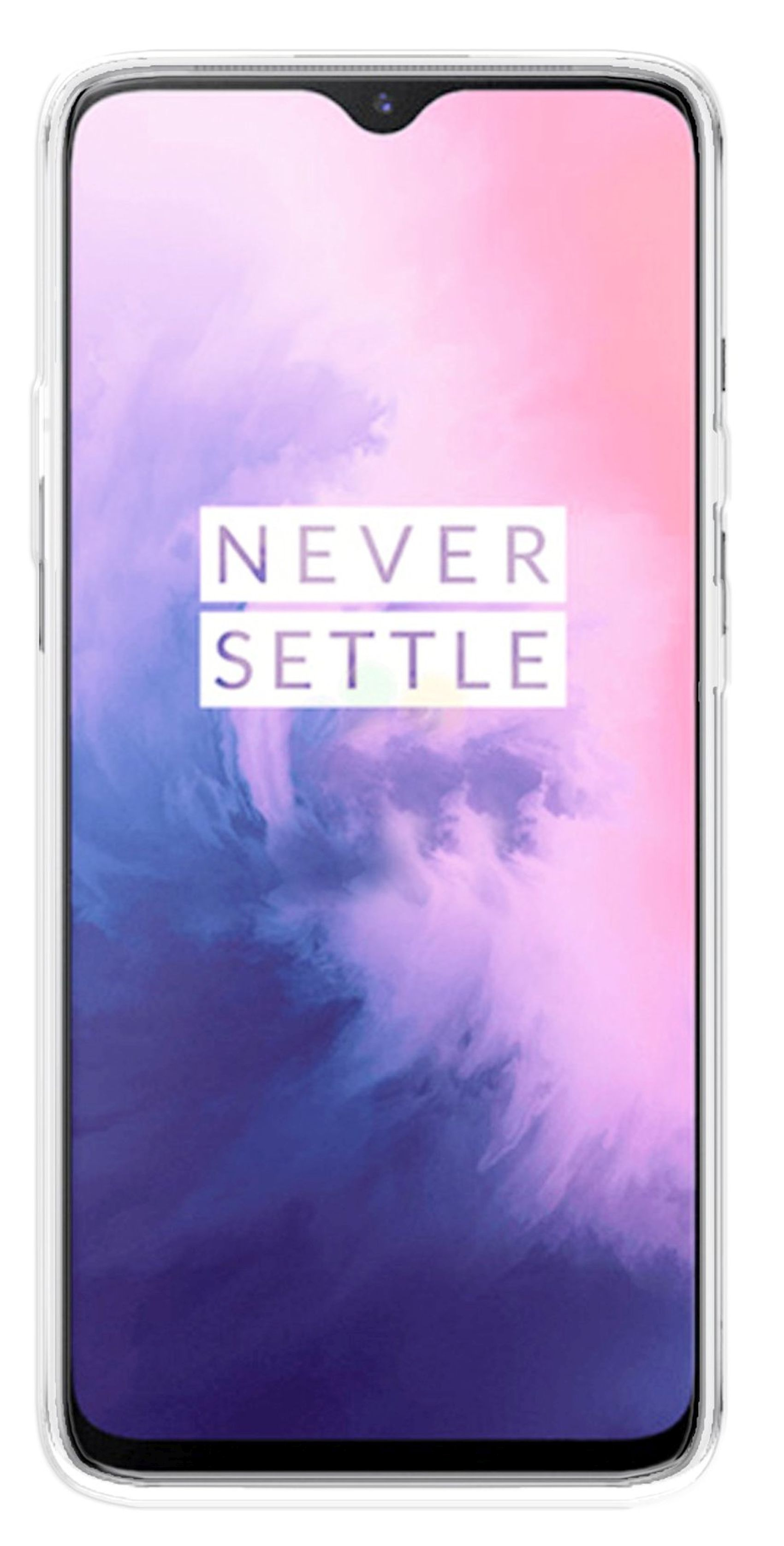 Ein Smartphone mit klarer Hülle zeigt einen lebendigen, farbenfrohen abstrakten Hintergrund mit dem Text 'NEVER SETTLE'.
