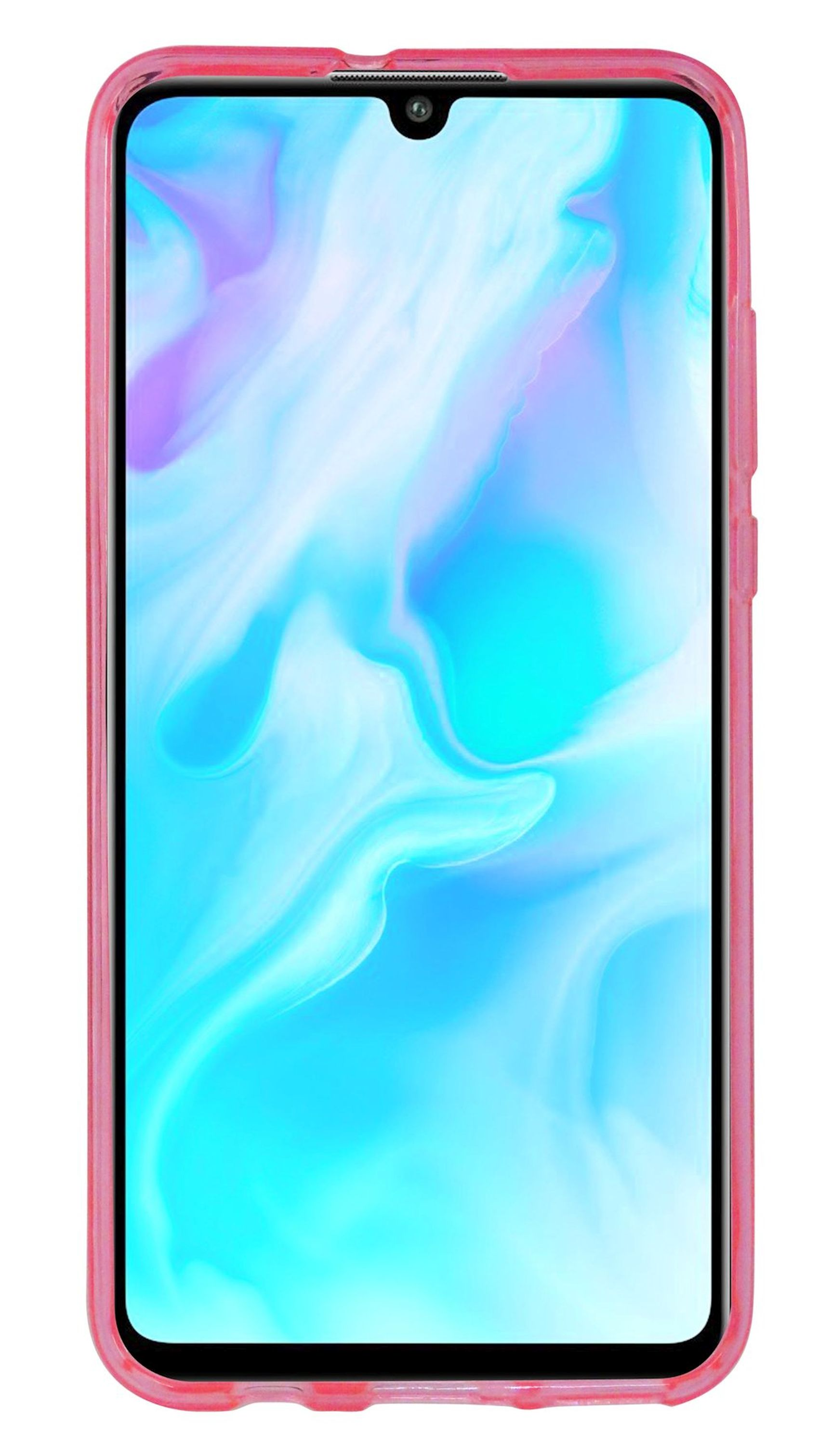 Ein rosa Telefon mit einem Bildschirm, der ein blau-lila abstraktes Bild zeigt, auf weißem Hintergrund.