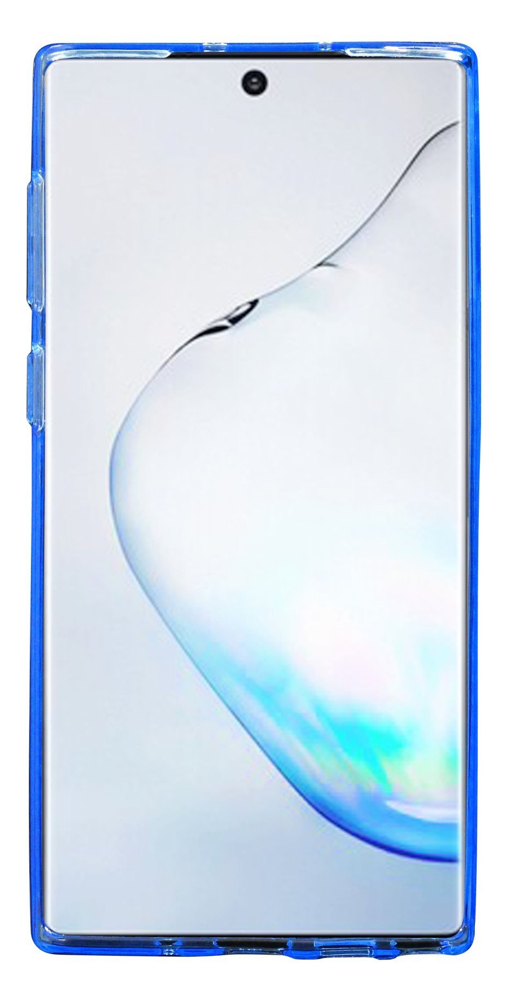 Ein Telefon in einer blauen, transparenten Hülle. Der Bildschirm hat ein fließendes Wasserdesign. Blaue Ränder am Gehäuse.