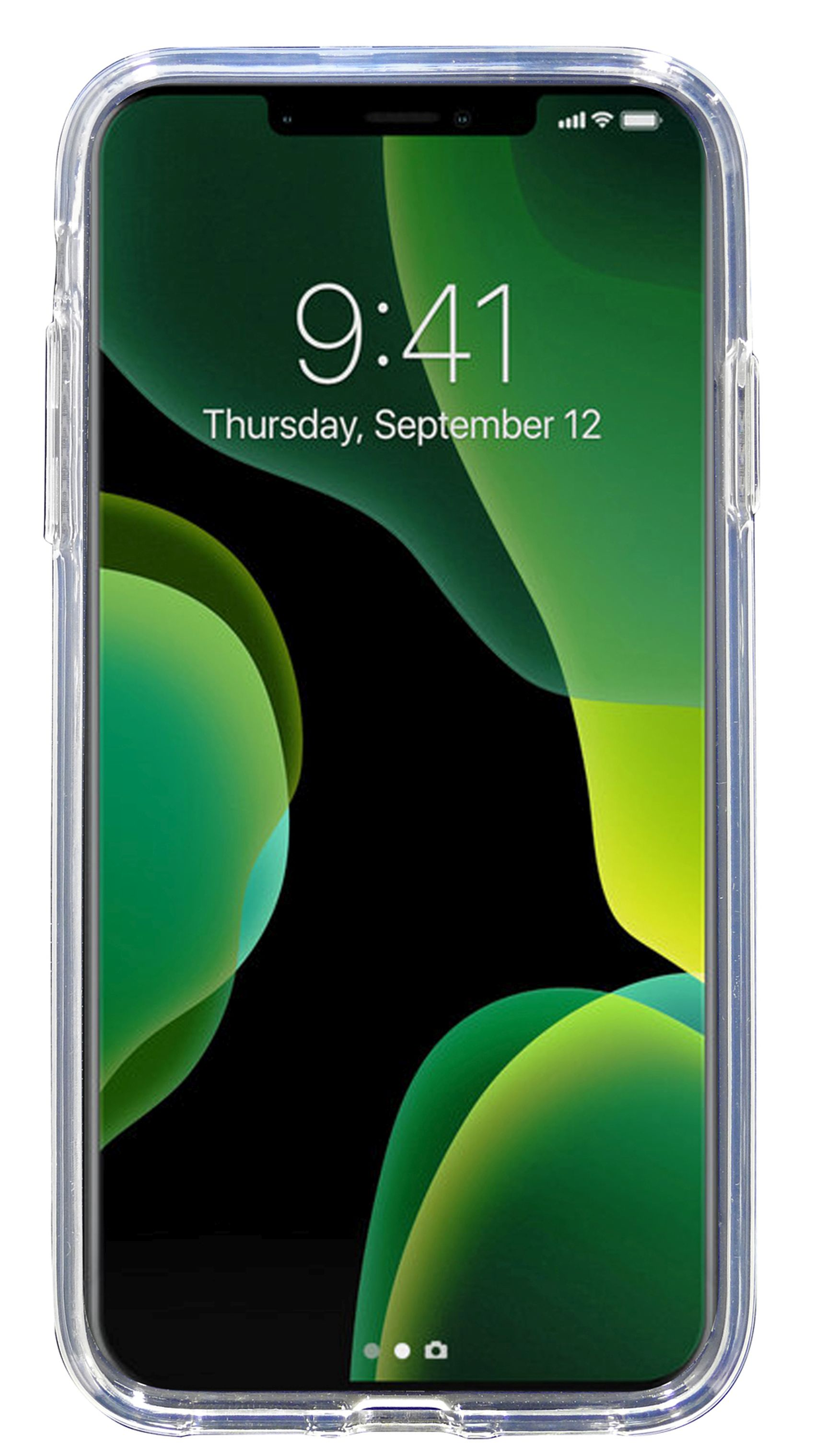 Smartphone in transparenter Hülle. Display zeigt grünen und gelben abstrakten Hintergrund mit Uhrzeit und Datum.