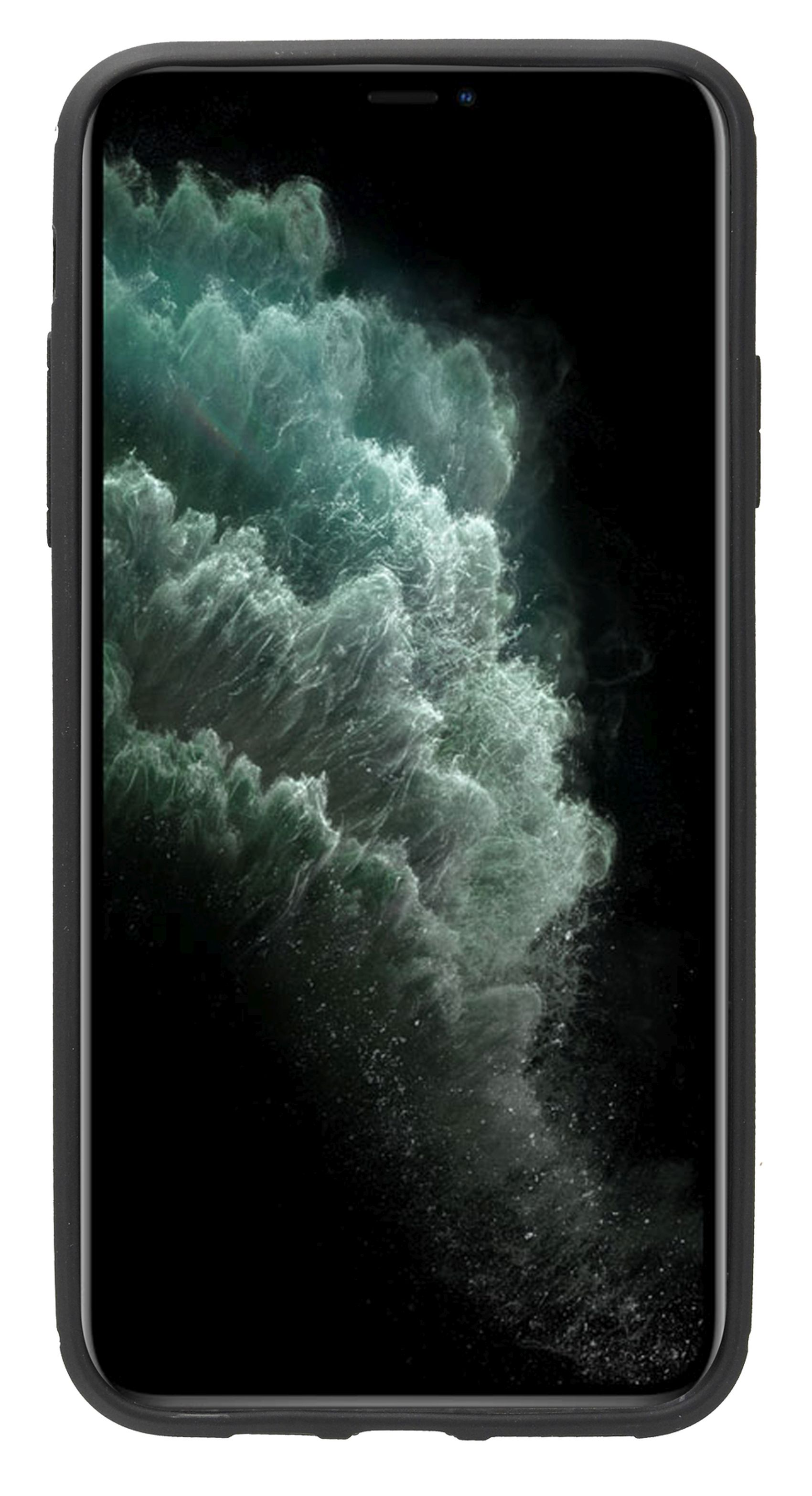 Schwarzes Telefon mit Bildschirm, der ein wolkiges, dunkles Bild zeigt. Schwarzer Rand, weißer Hintergrund.