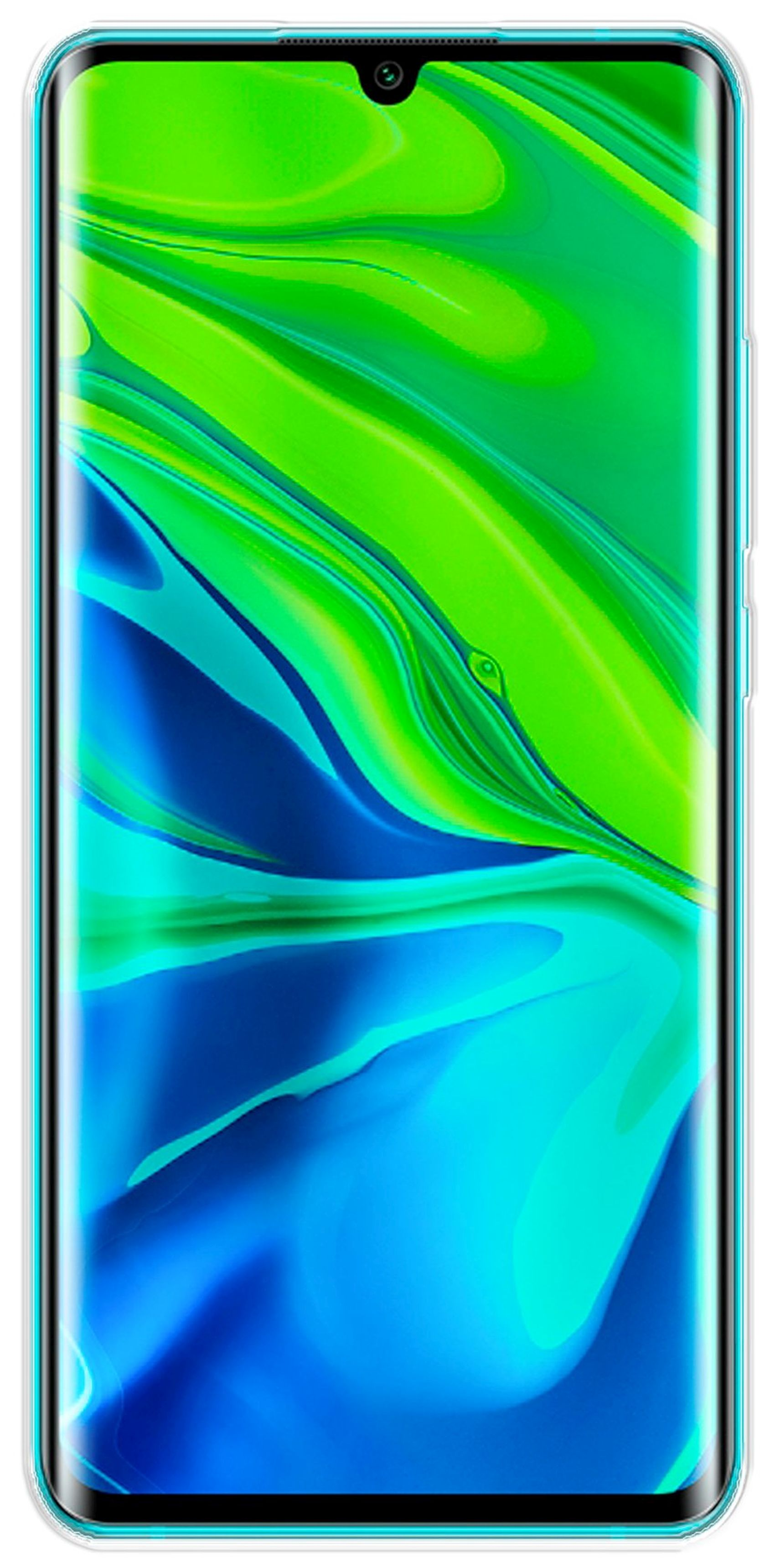 Xiaomi-Telefon mit grün-blauem Bildschirm. Glasabdeckung, blauer Rahmen.