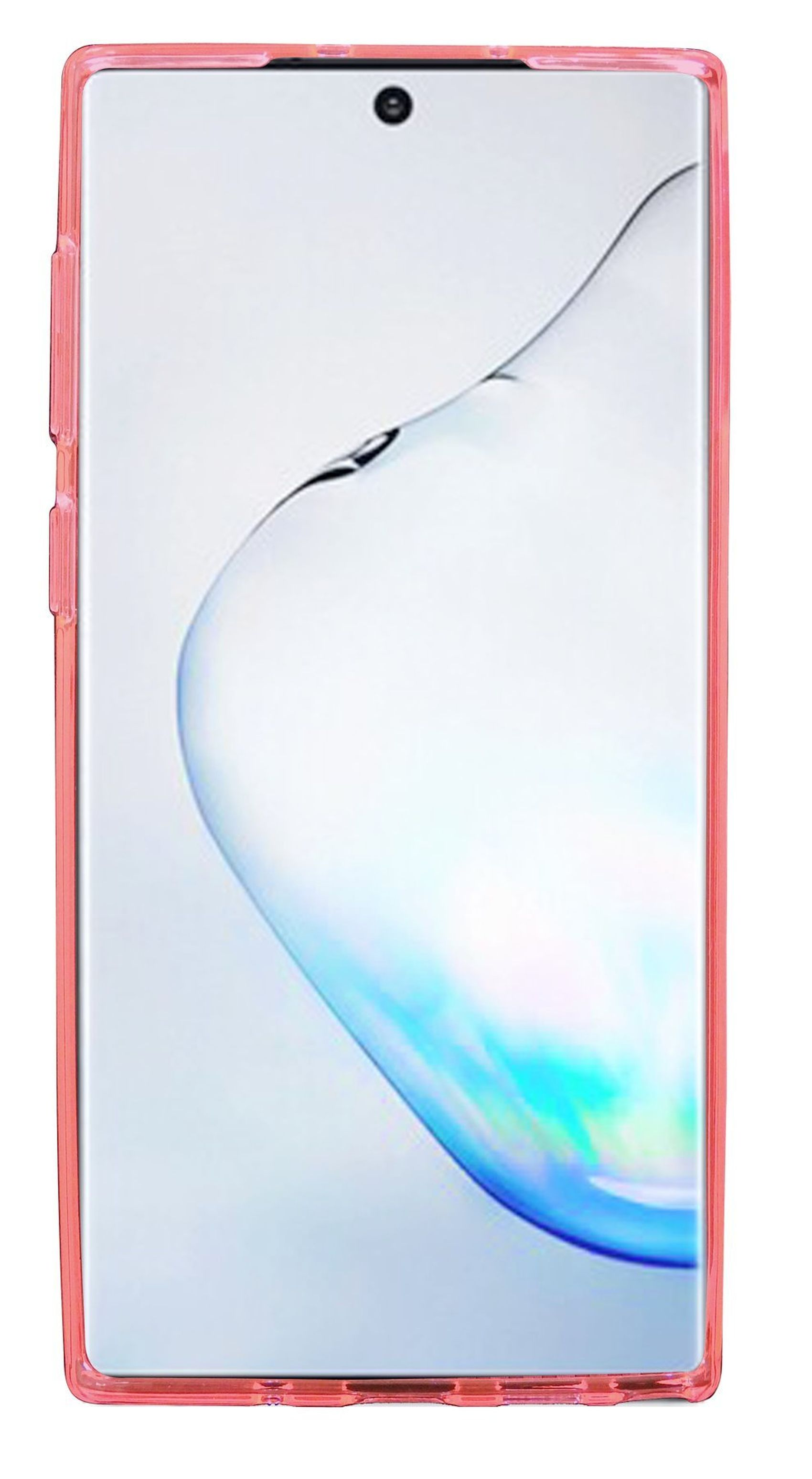 Ein Telefon mit rosa Hülle. Der Bildschirm ist eingeschaltet. Die Hülle hat Knöpfe an der Seite.