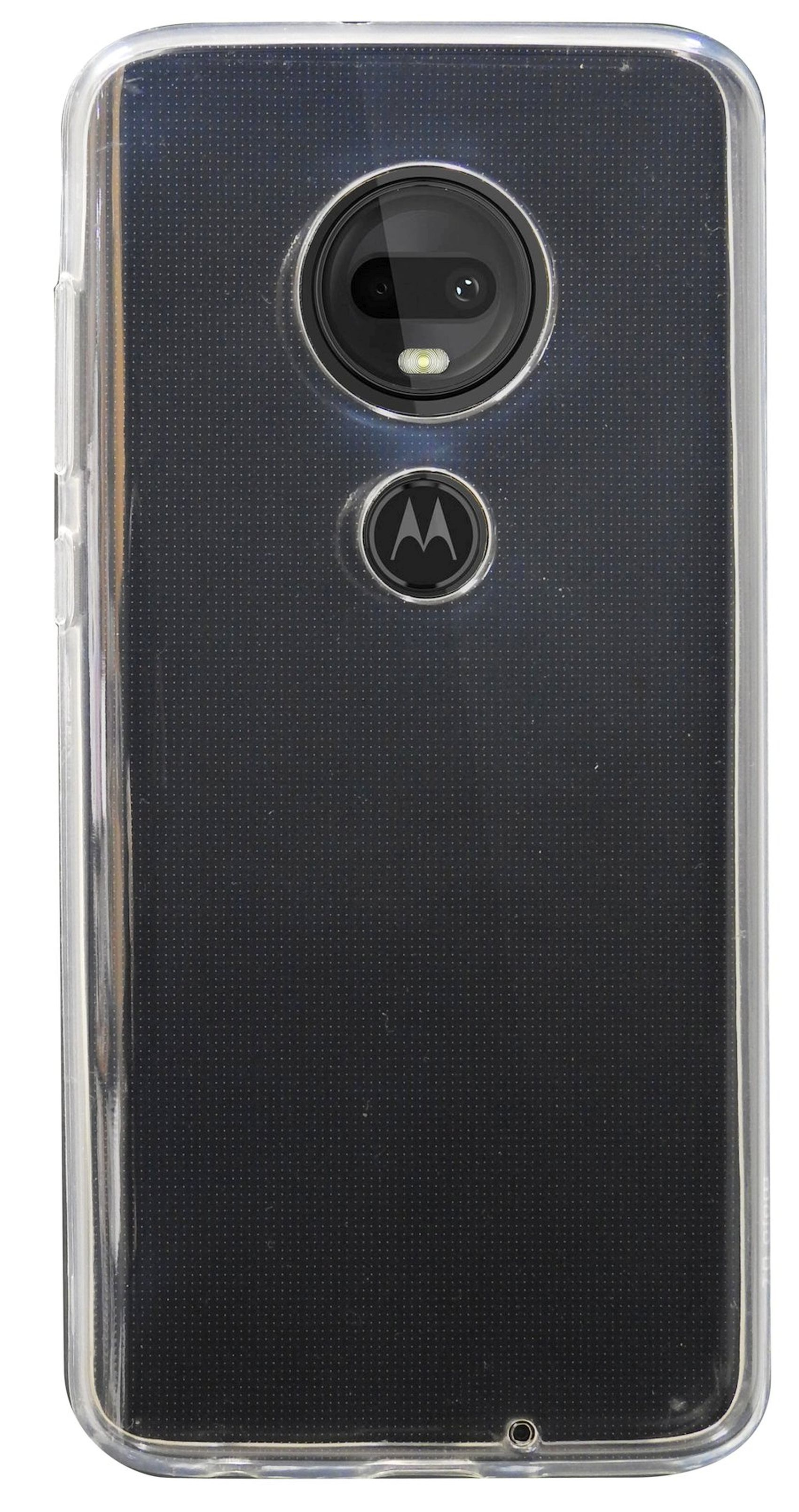 Eine transparente Handyhülle auf einem schwarzen strukturierten Telefon. Die Kameralinse und das Motorola-Logo sind sichtbar.