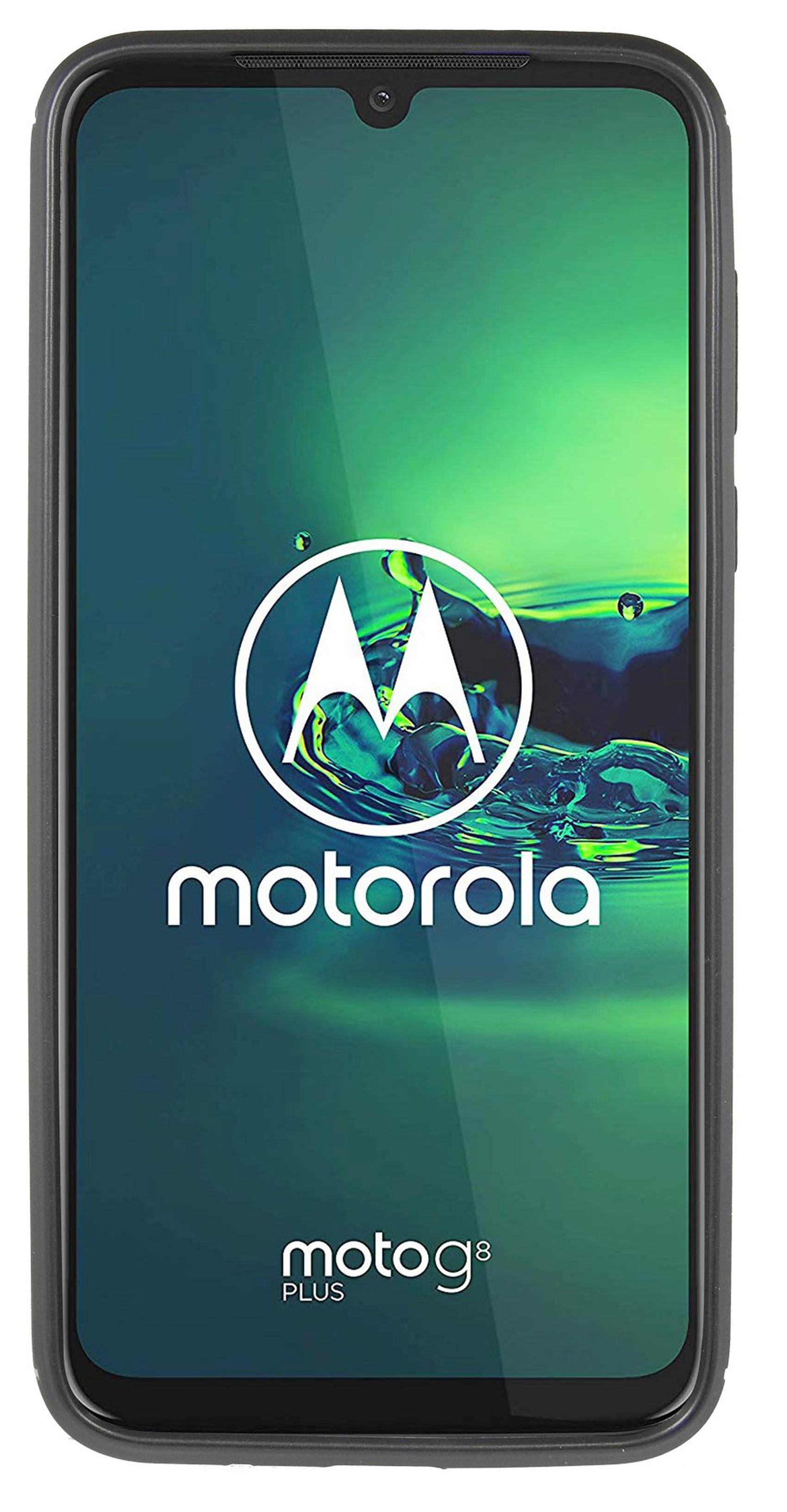 Ein schwarzes Motorola Moto G8 Plus Telefon wird gezeigt. Der Bildschirm zeigt einen spritzigen, grünen und violetten Hintergrund.