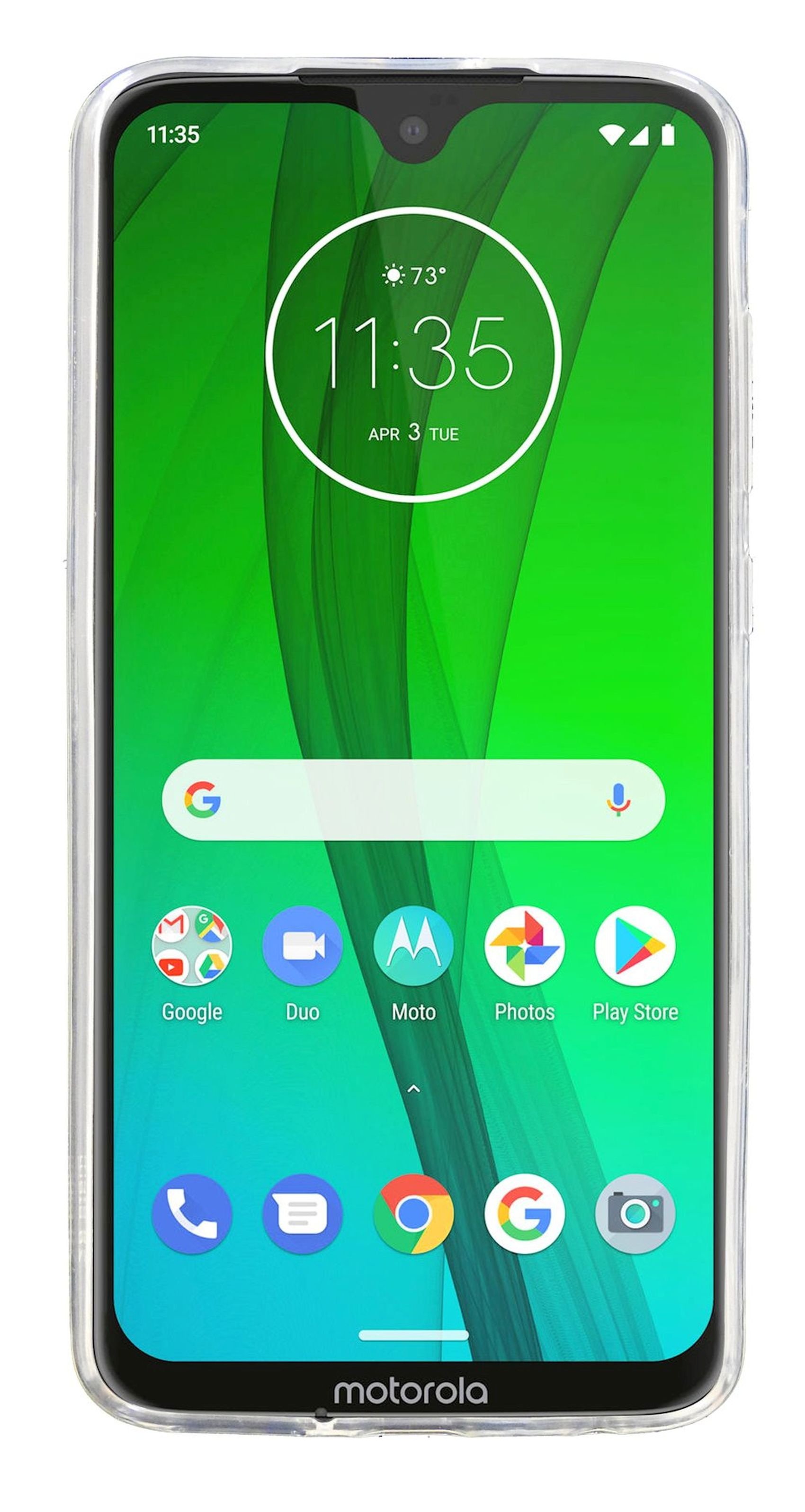 Ein Motorola-Telefon in einer durchsichtigen Hülle mit angezeigter Uhrzeit. Der Hintergrund ist grün.