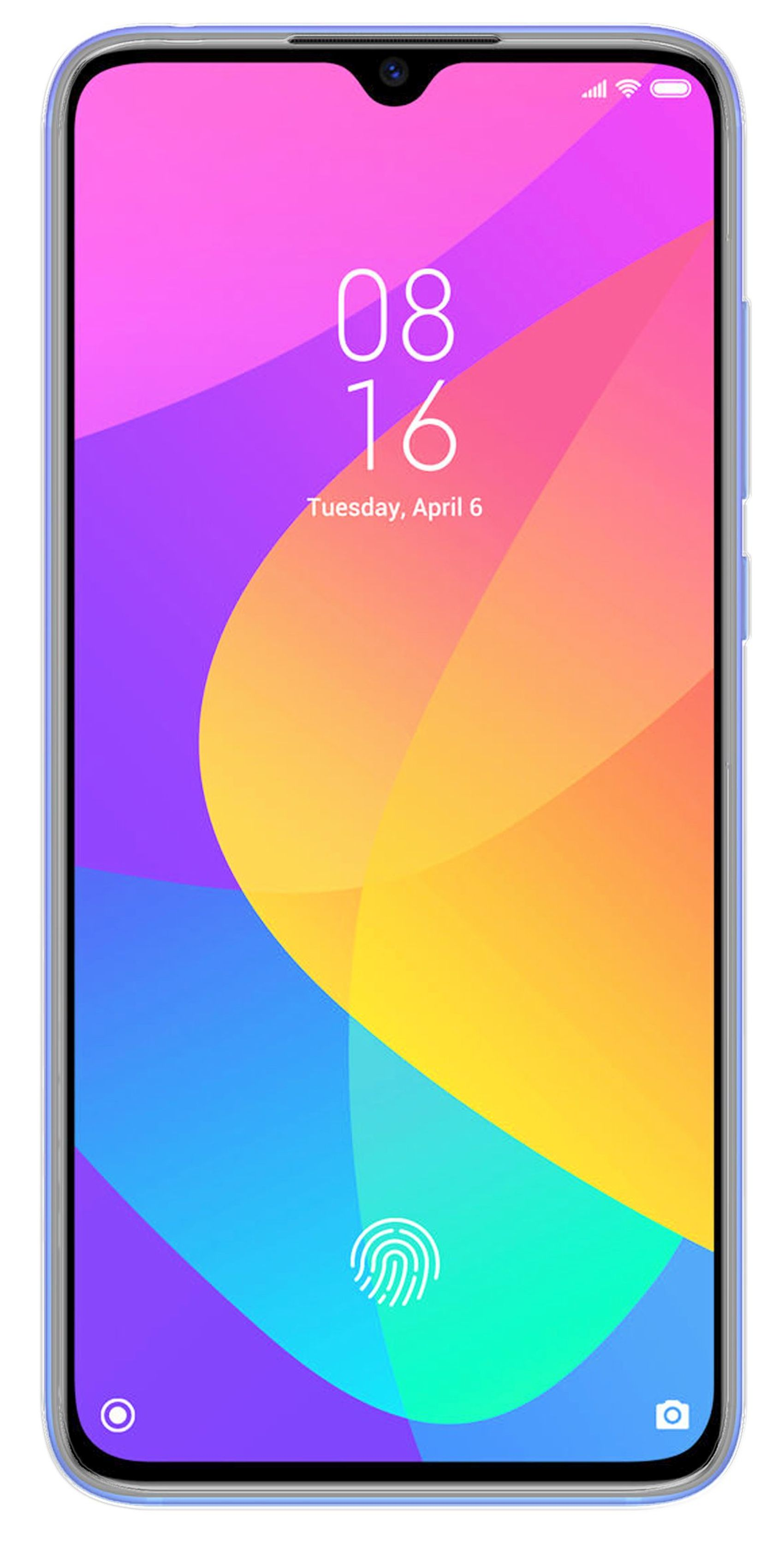 Smartphone mit buntem, abstraktem Hintergrund auf dem Bildschirm, isoliert auf Weiß.