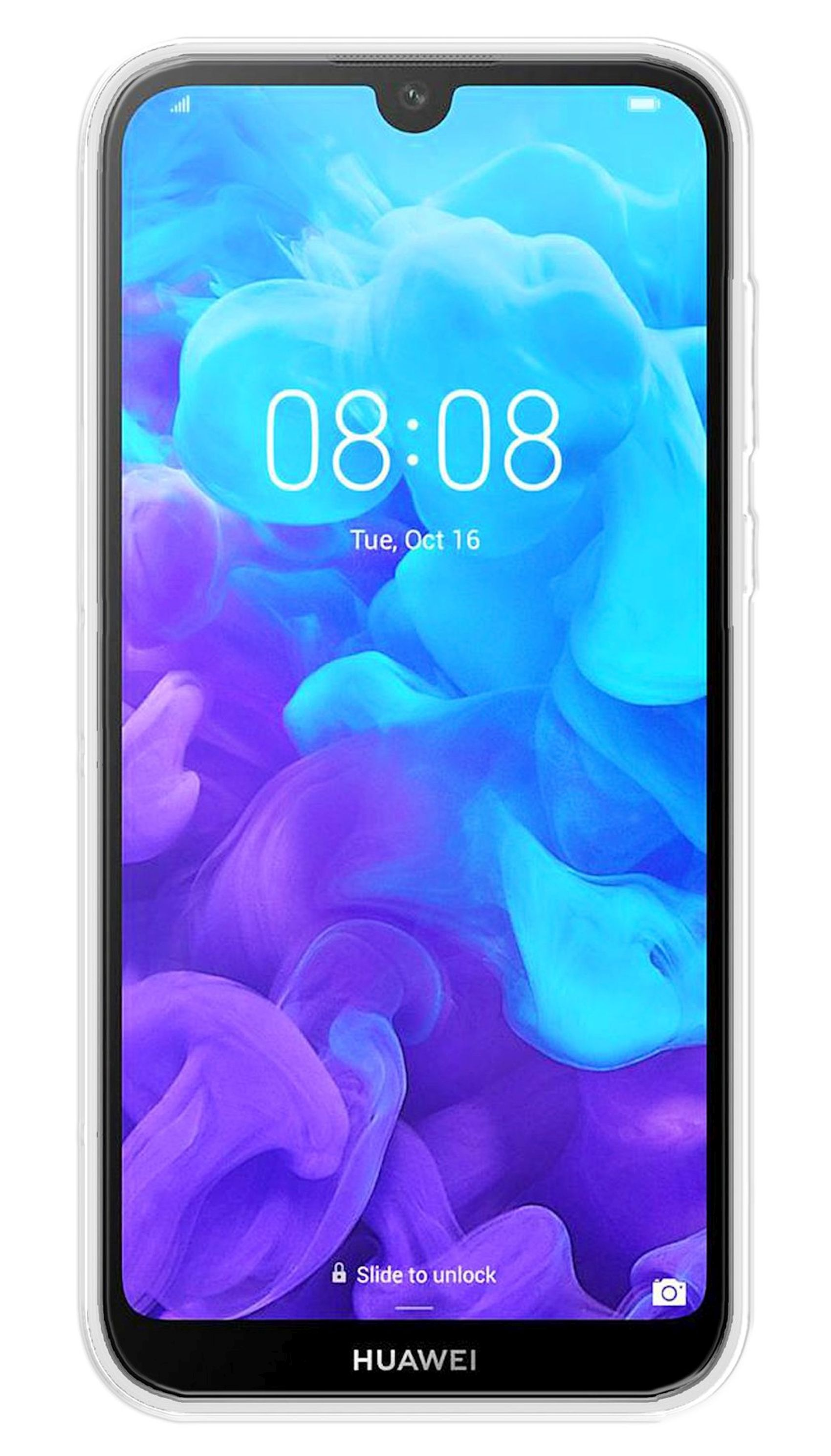 Ein Telefon mit durchsichtiger Hülle, das einen farbenfrohen Hintergrund anzeigt, die Uhrzeit ist 08:08.
