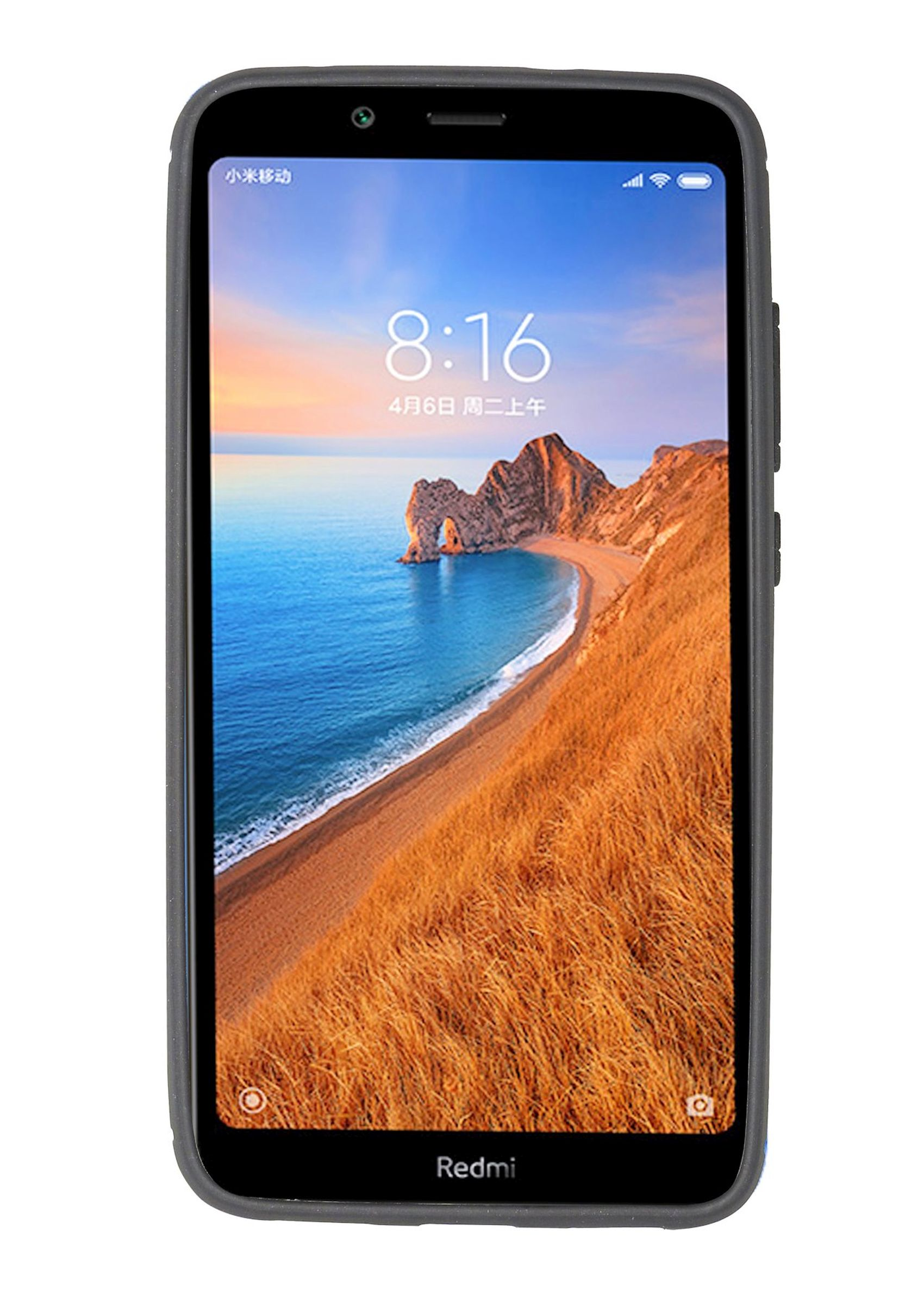 Ein Telefon in einer Hülle, das eine Strandszene mit einem Felsbogen zeigt.