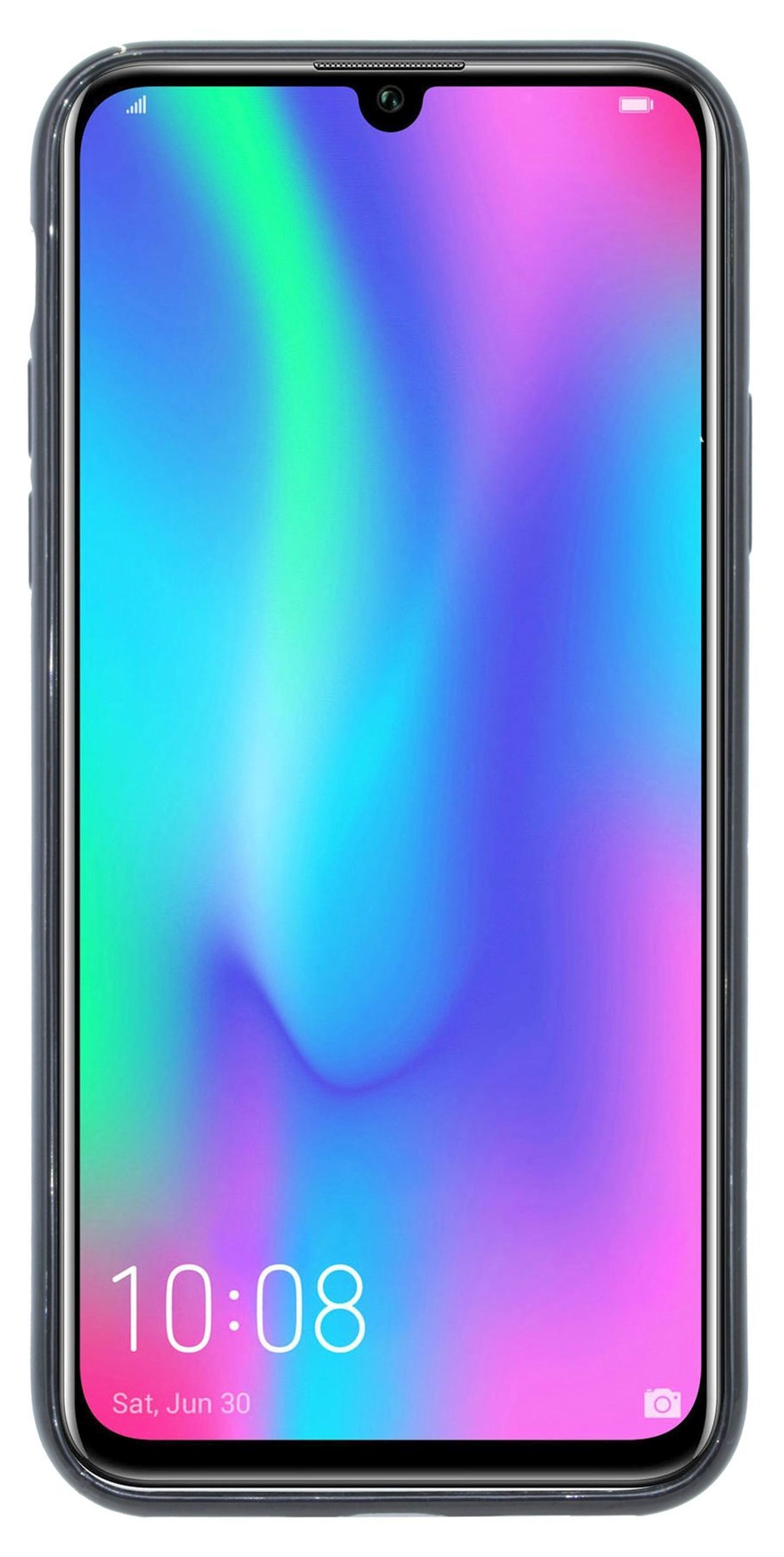 Smartphone mit buntem Hintergrund. Die Uhrzeit 10:08 wird unten angezeigt.
