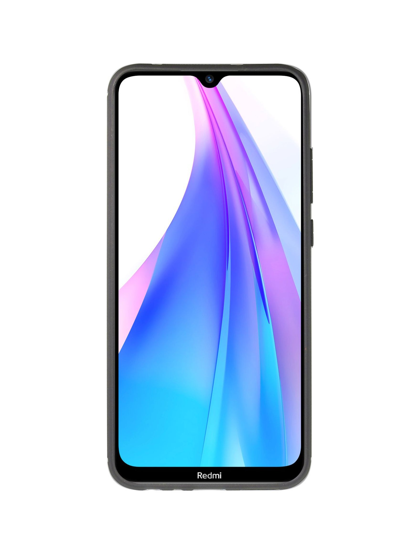 Ein schwarzes Telefon mit einem Bildschirm, der ein lila-blaues abstraktes Design auf weißem Hintergrund zeigt.