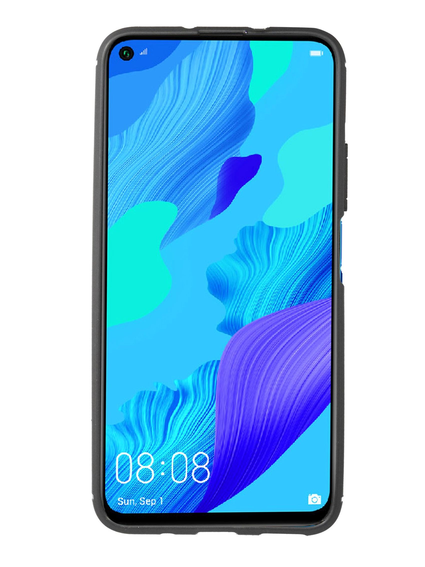Ein schwarzes Smartphone mit einem blau-lila abstrakten Design auf dem Bildschirm, umhüllt von einer schwarzen Hülle.