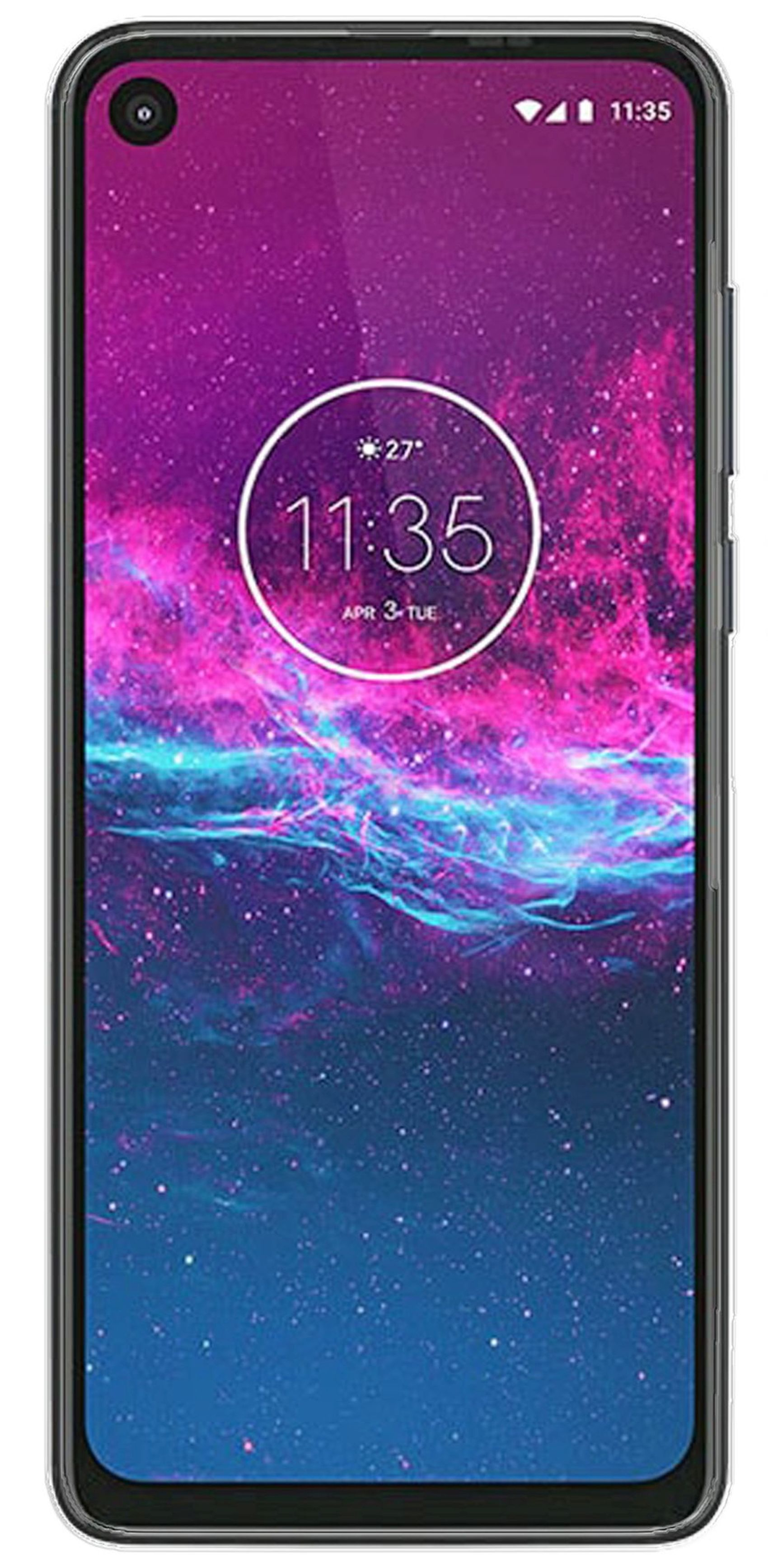 Ein Telefonbildschirm mit einem bunten Galaxiehintergrund. Zeit, Datum und Wetter werden angezeigt.
