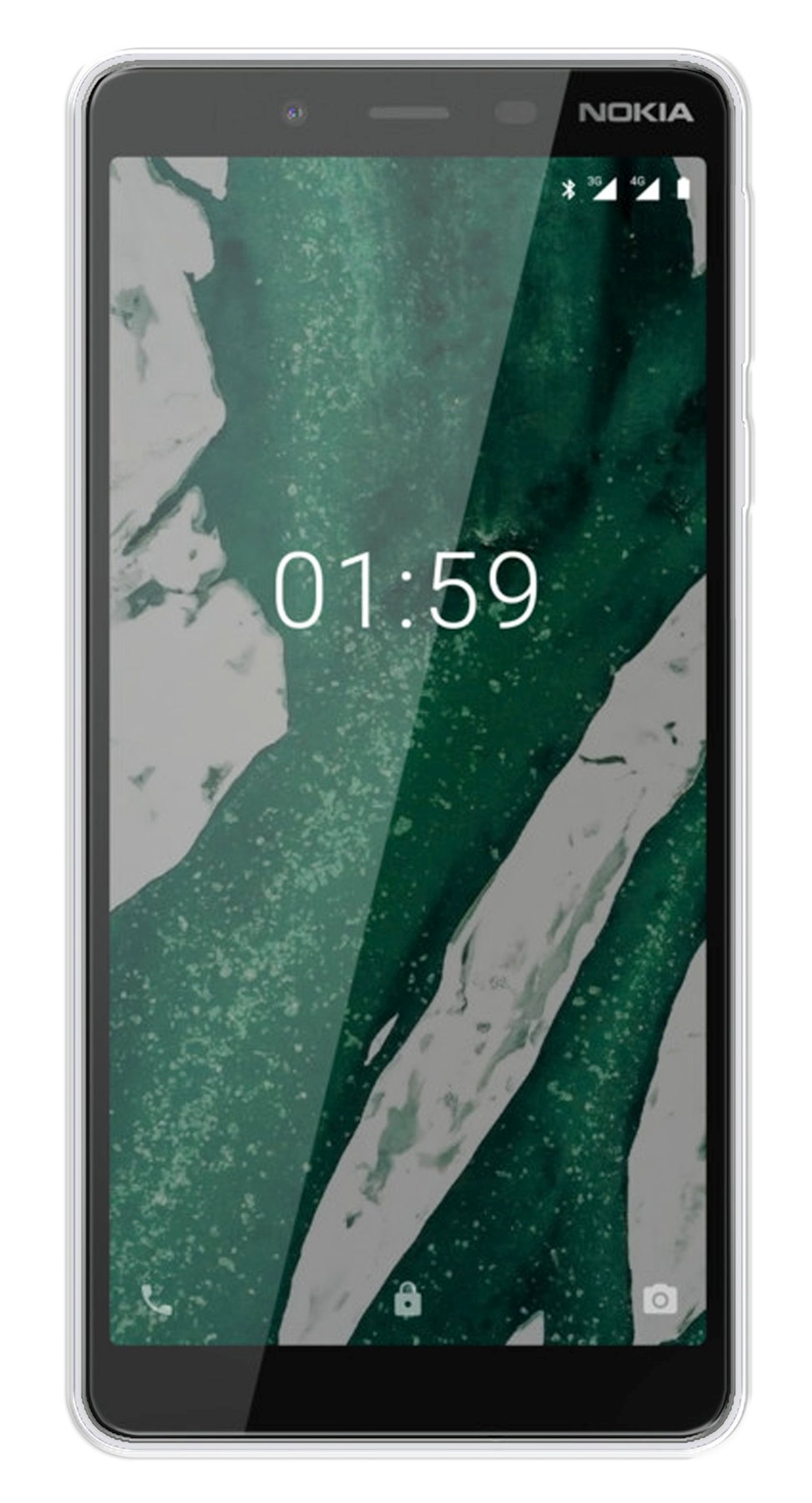 Nokia-Telefon mit klarer Hülle. Der Bildschirm zeigt die Uhrzeit 01:59. Grün-weißer Hintergrund.