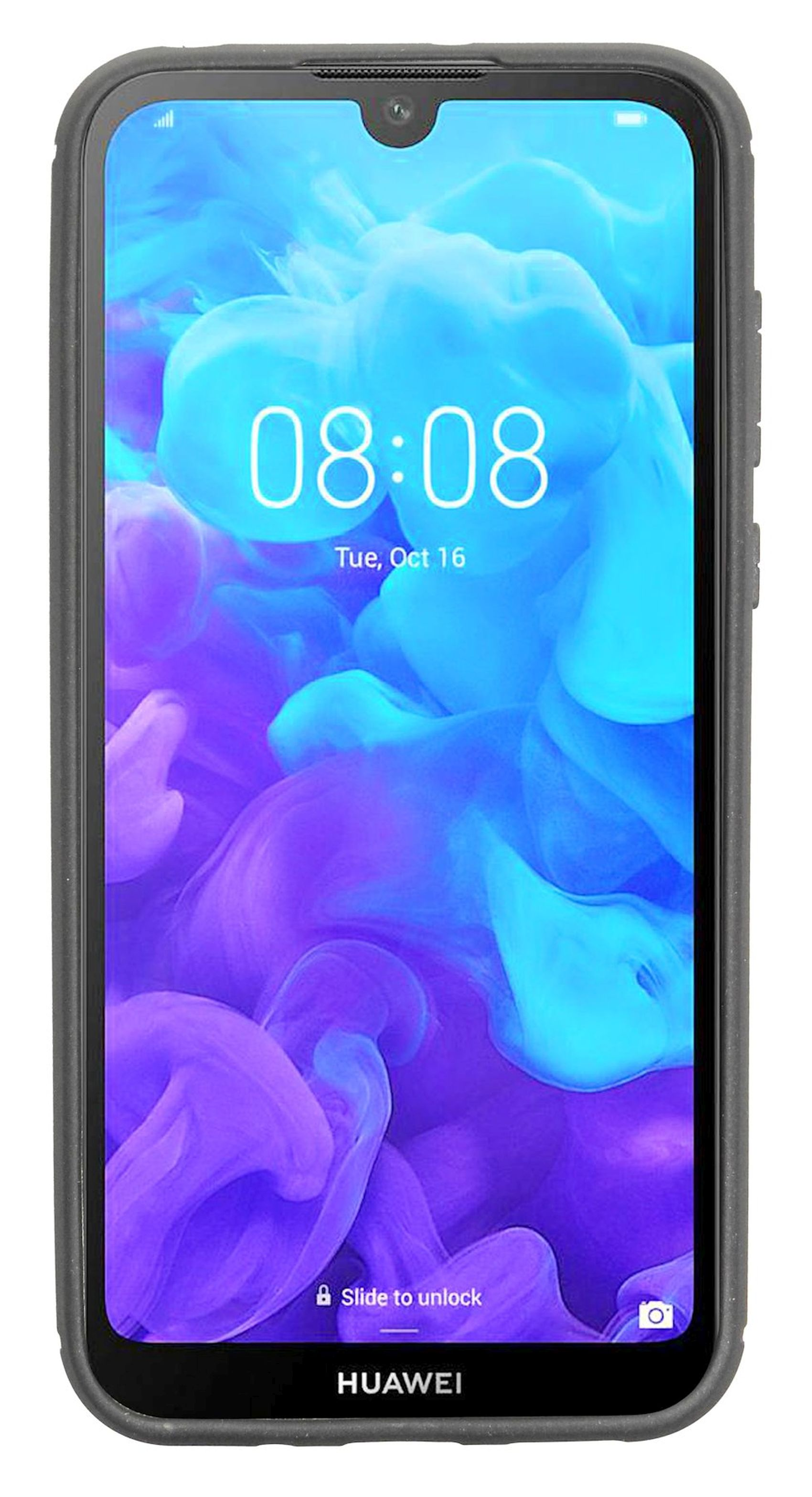 Ein Telefon in einem grauen Gehäuse. Das Telefon zeigt die Uhrzeit und die Aufforderung zum Entsperren an.