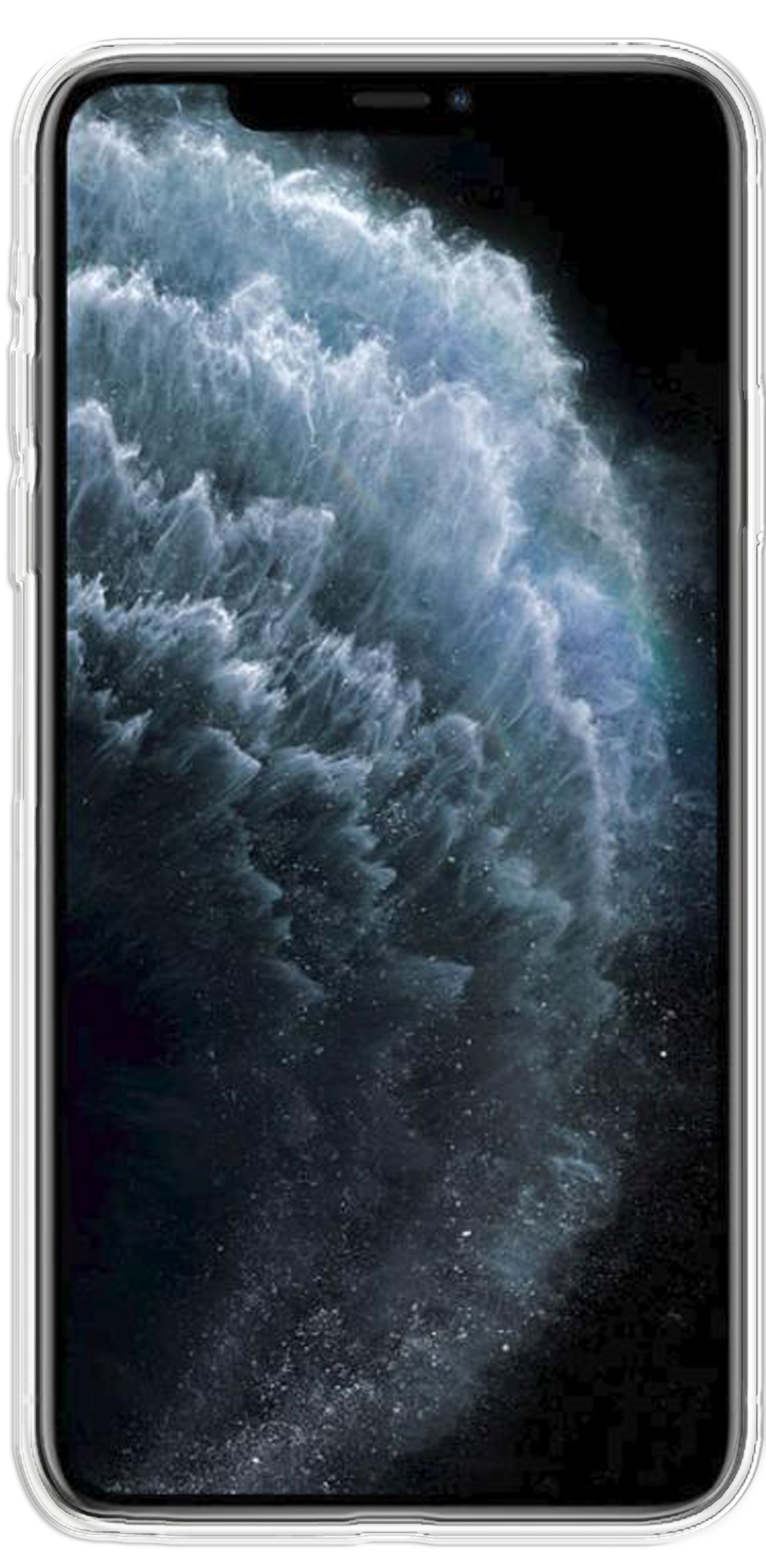 Smartphone in durchsichtiger Hülle, zeigt ein wolkiges Bild auf dem Bildschirm.