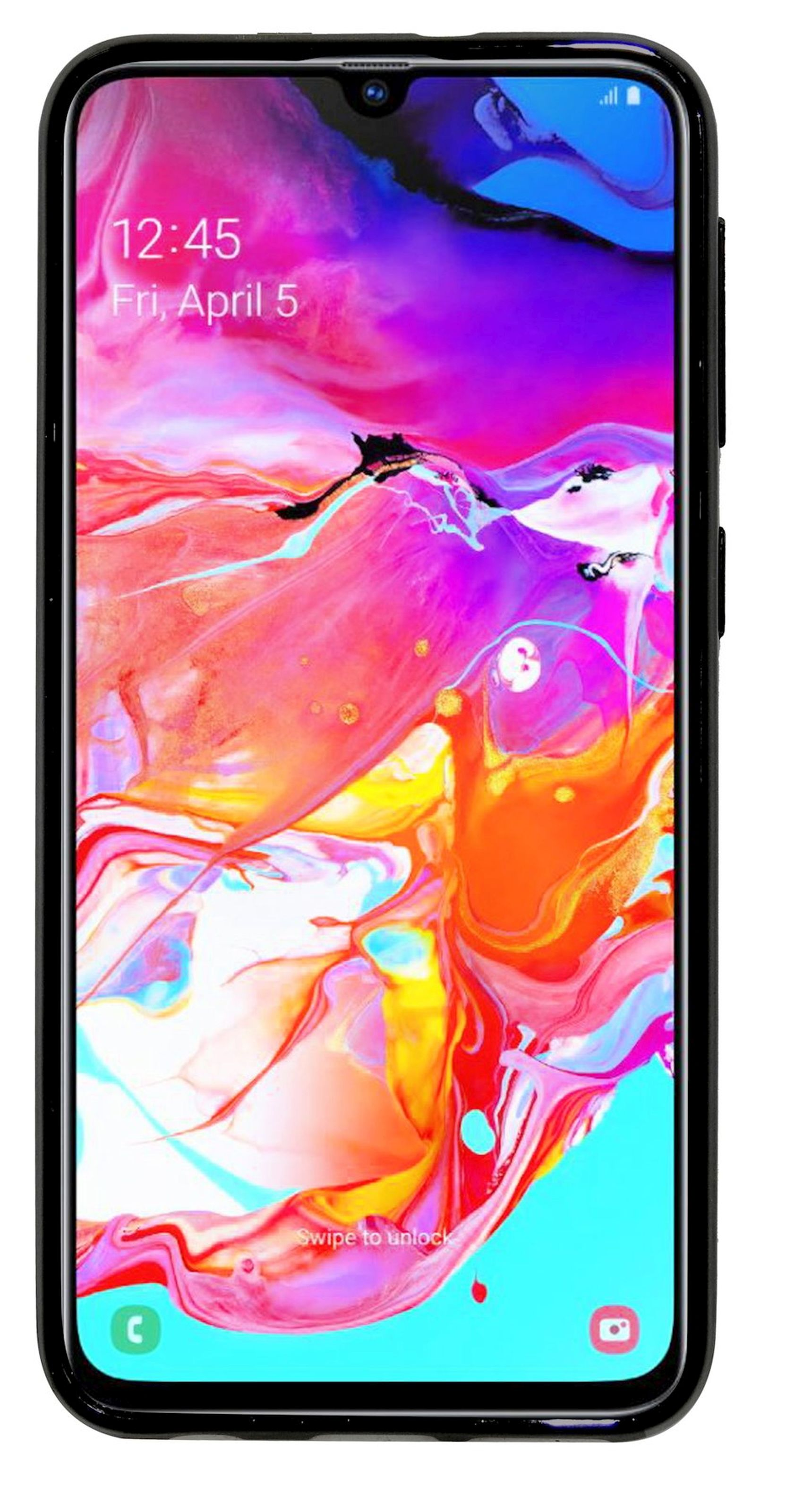 Ein Telefon mit buntem Bildschirm, der eine Mischung aus Rosa, Lila und Blau zeigt. Schwarzes Gehäuse.