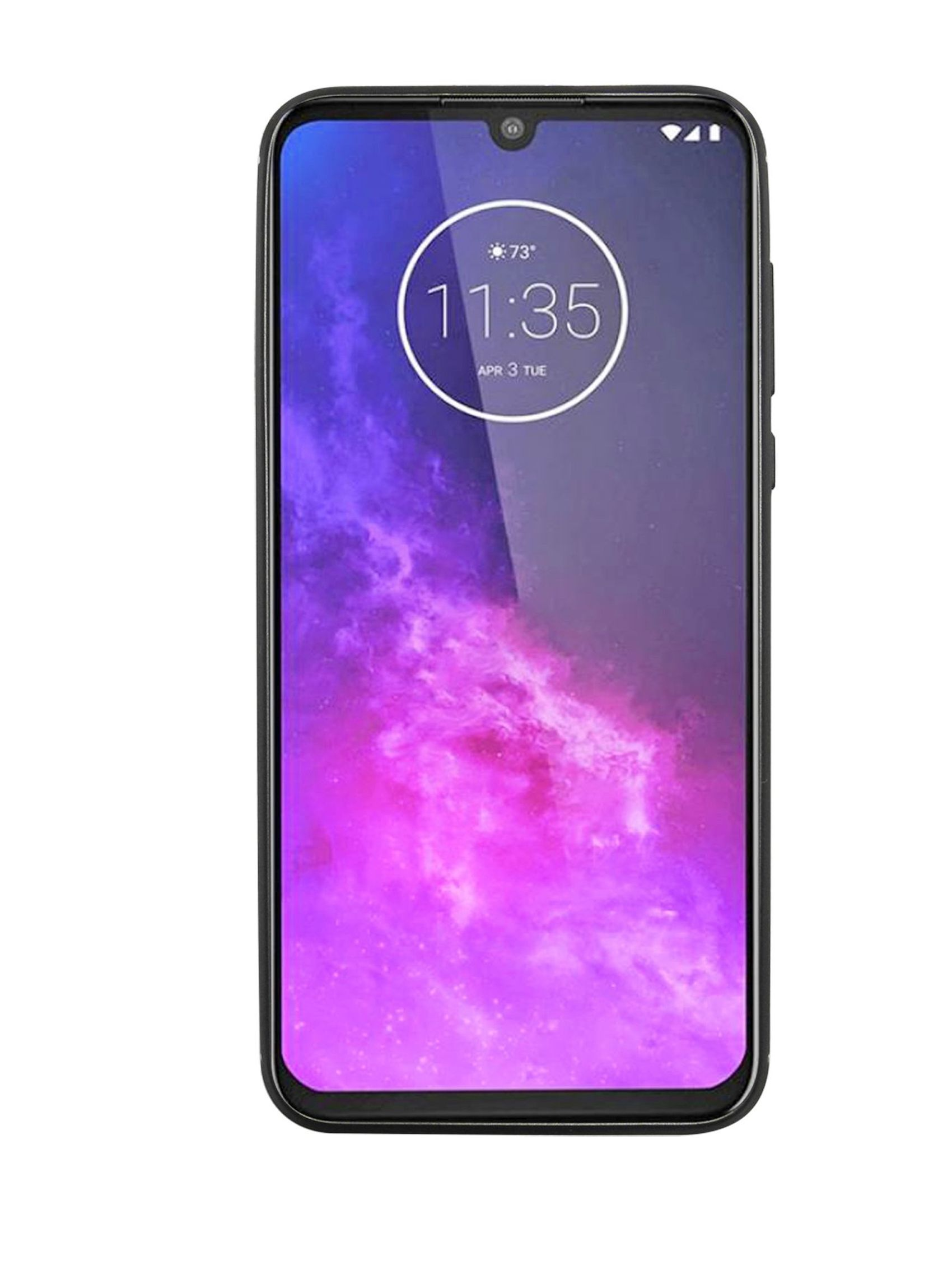 Schwarzes Smartphone mit einer Uhrzeit von 11:35 Uhr und einem abstrakten lila-rosa Hintergrund.
