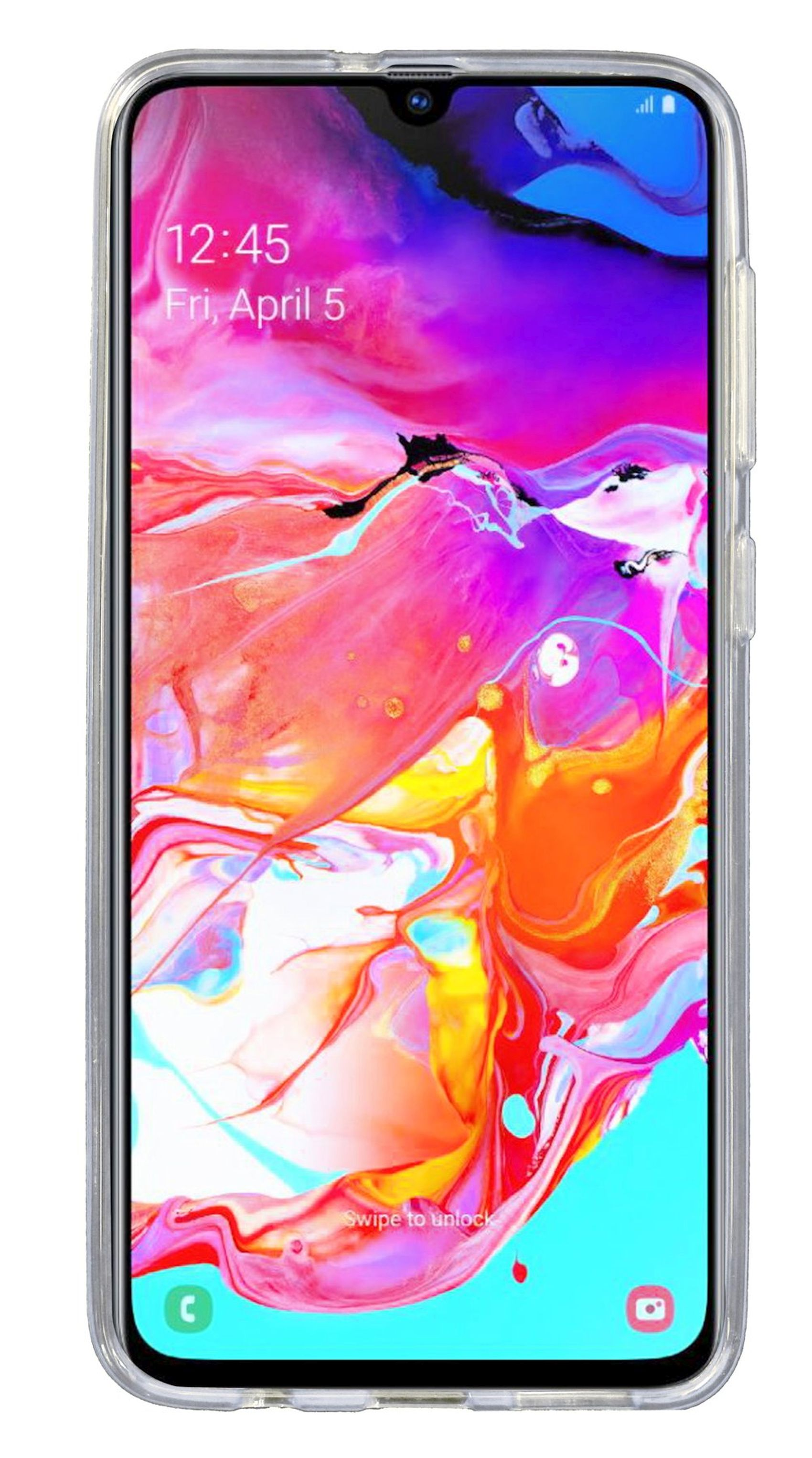 Telefon in klarer Hülle mit buntem, abstraktem Hintergrund. Der Bildschirm ist an und zeigt ein Bild.