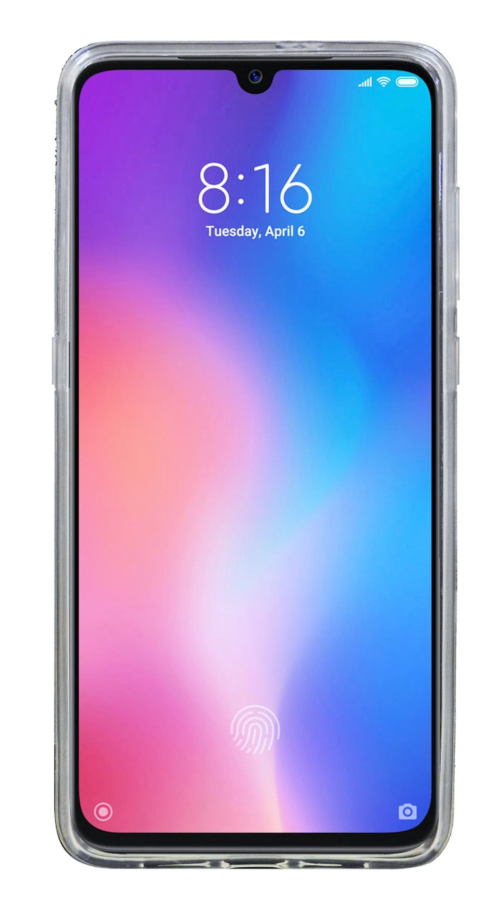 Ein Telefon in einer transparenten Hülle. Der Bildschirm zeigt einen bunten Hintergrund. Die Uhrzeit ist 8:16.