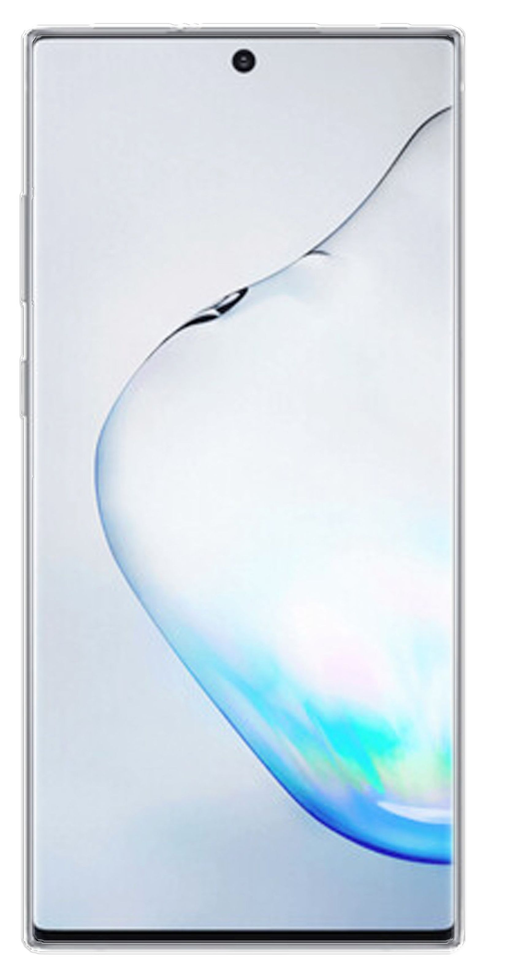 Ein Smartphone wird angezeigt. Es ist silberfarben, mit einem gebogenen Bildschirm und einer einzelnen Frontkamera, vor weißem Hintergrund.