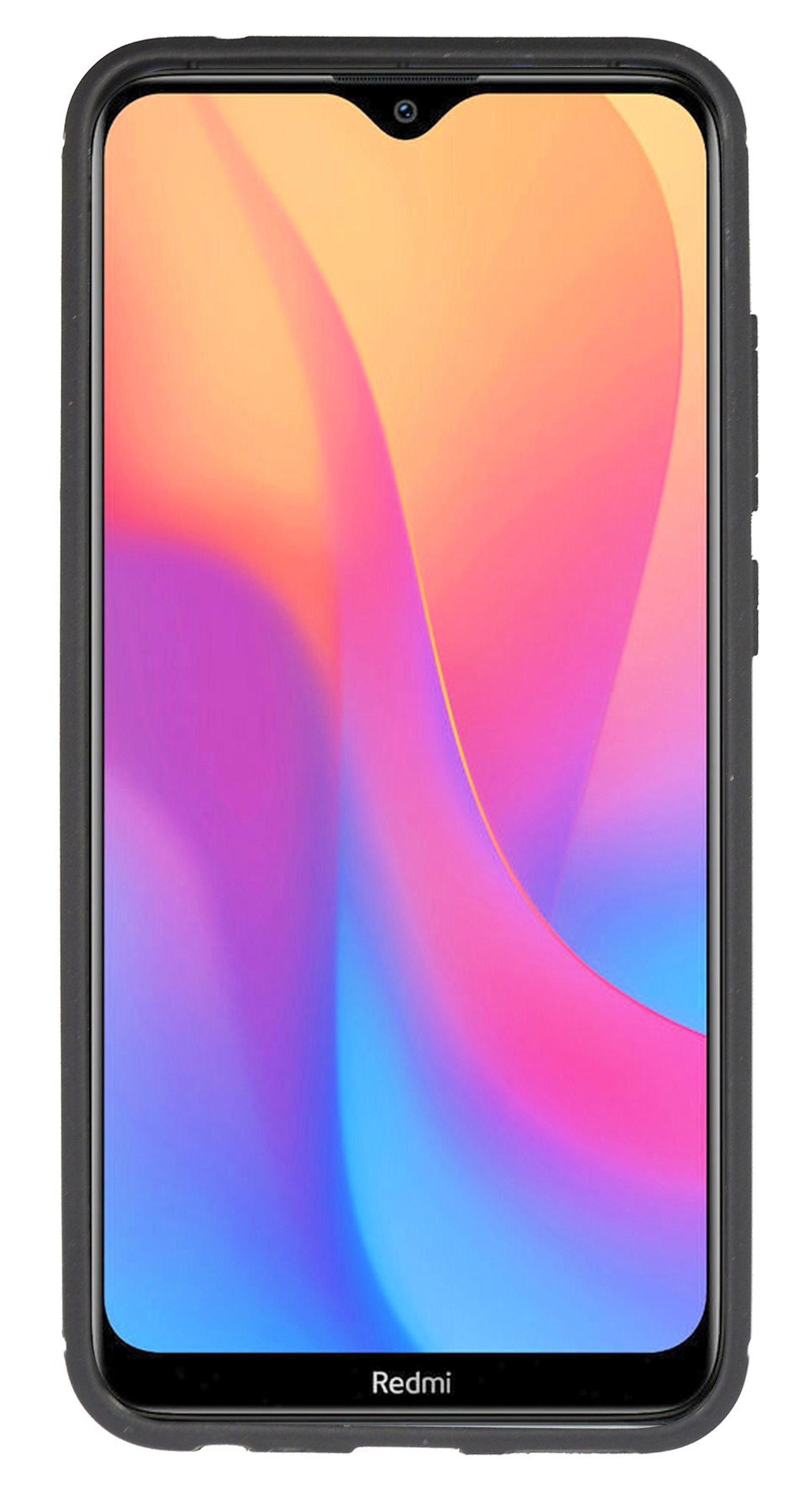 Schwarzes Telefon in Hülle, mit farbenfroher Bildschirmanzeige.