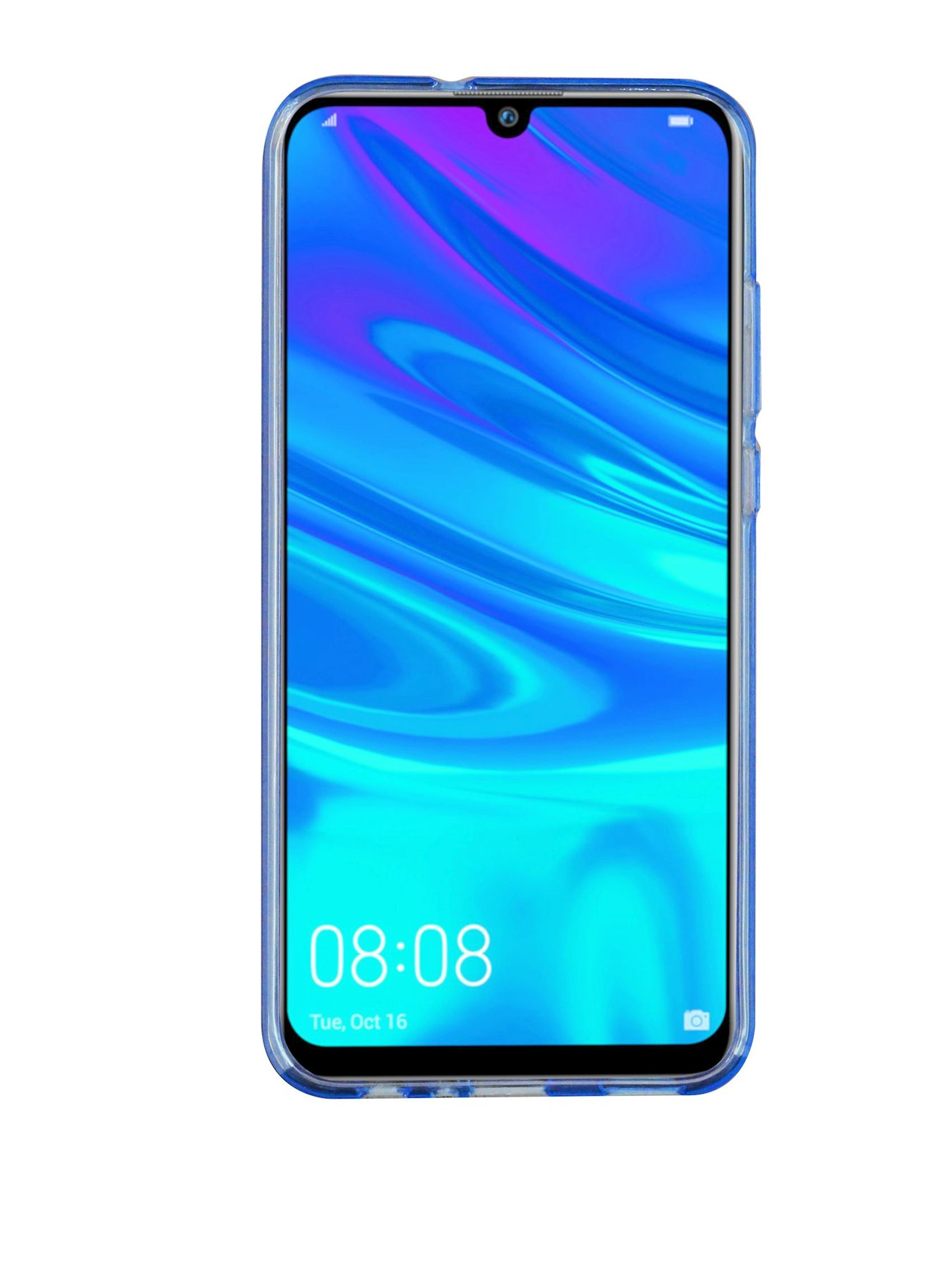 Blaues Telefon in transparentem Gehäuse, das die Uhrzeit anzeigt.