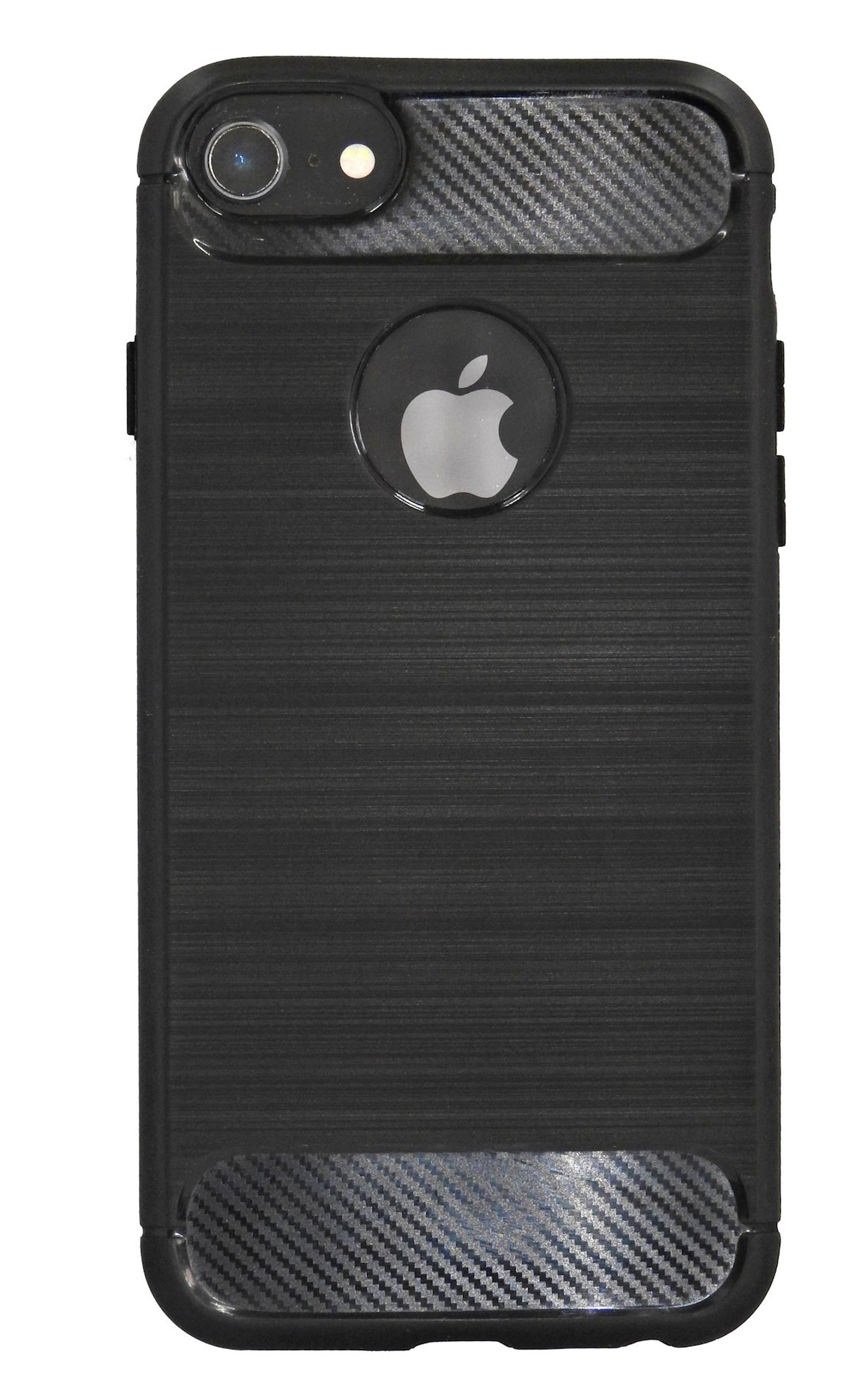 Schwarze Handyhülle mit Carbonfaser-Akzenten und Apple-Logo.
