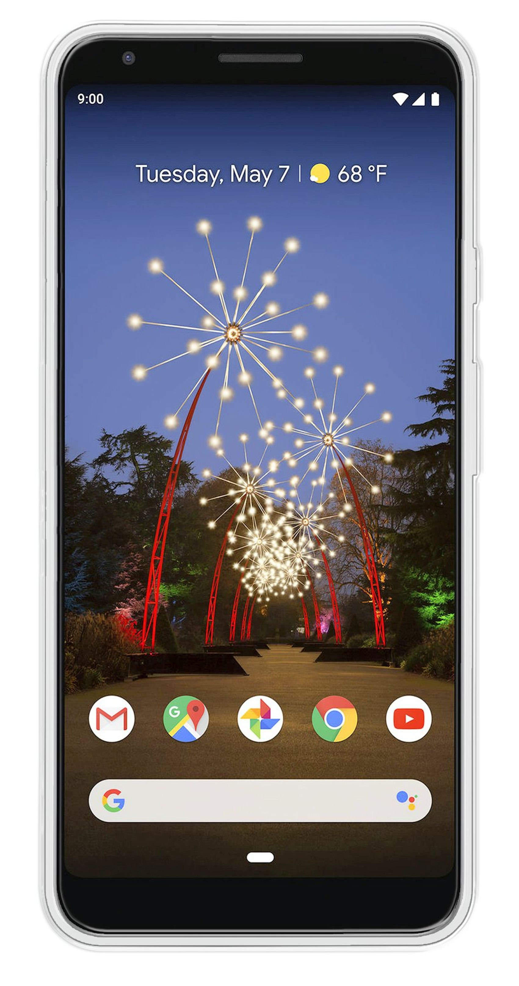 Telefon zeigt Parkszene mit beleuchteten Bögen bei Nacht. Apps sichtbar: Gmail, Maps, Fotos, Chrome und YouTube.