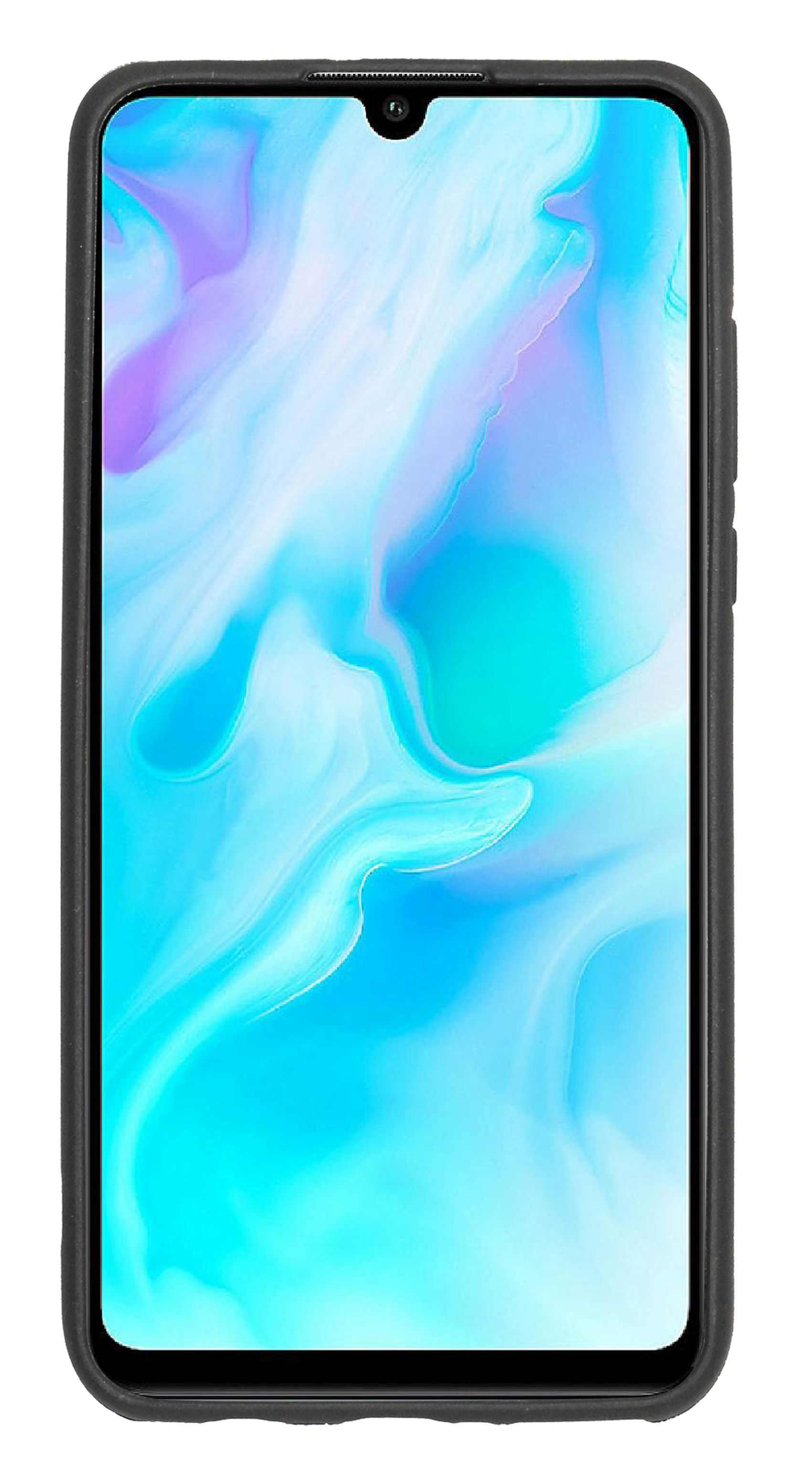 Telefon in schwarzer Hülle mit farbenfrohem Hintergrund auf dem Bildschirm.