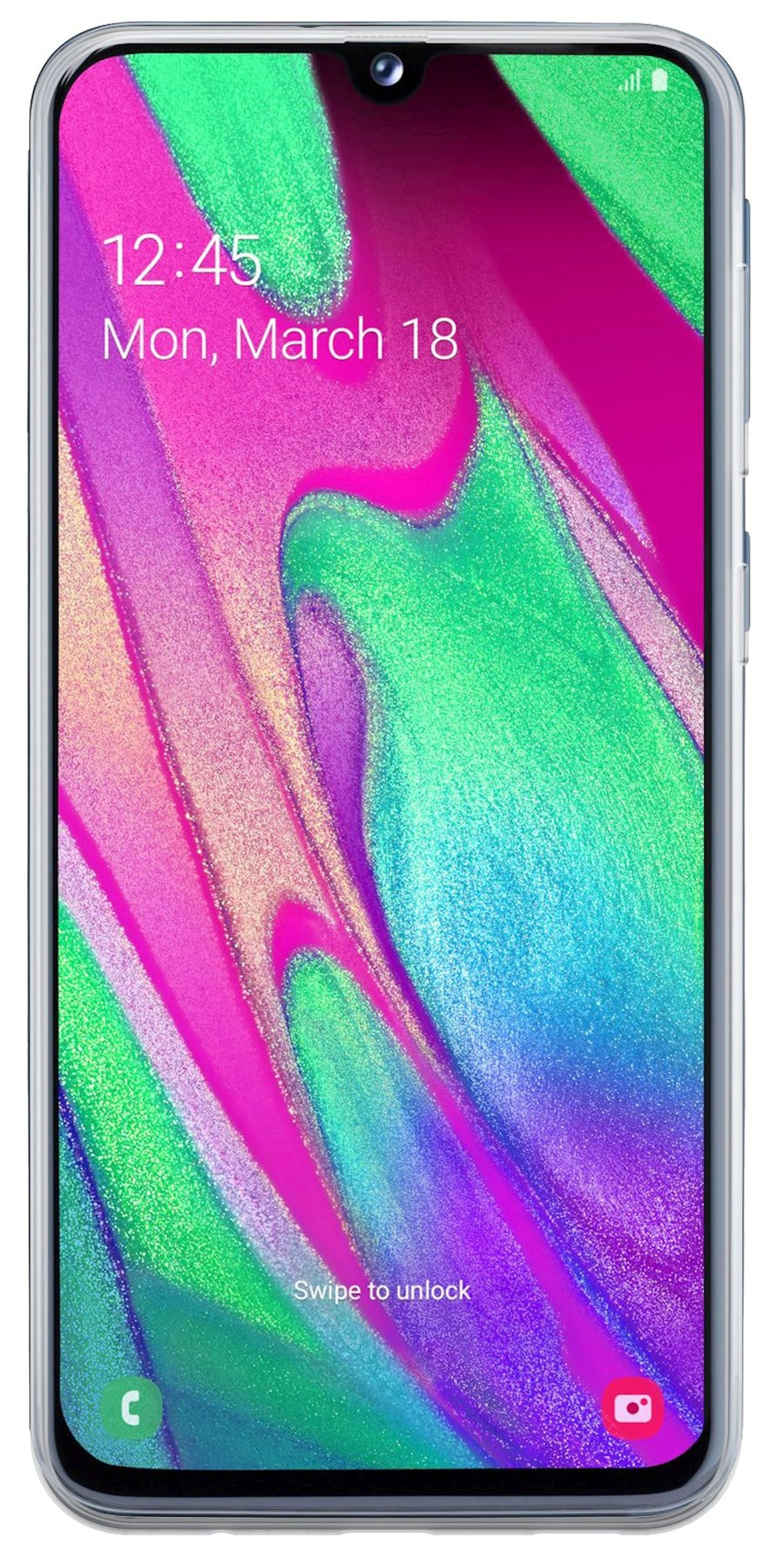 Ein Samsung-Telefon mit transparentem Gehäuse, das einen farbenfrohen abstrakten Hintergrund und die Uhrzeit zeigt.