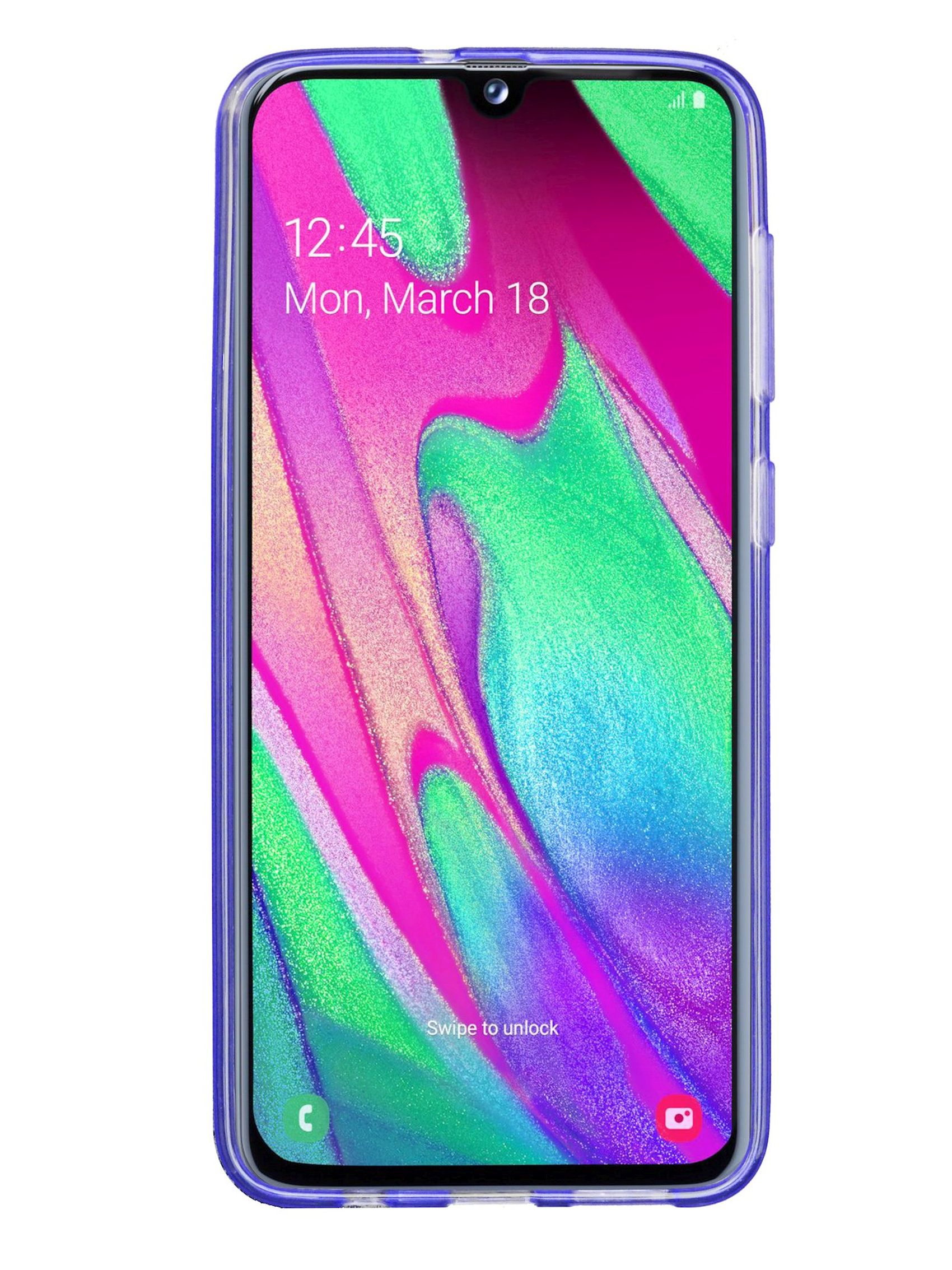 Samsung-Handy in blauem Gehäuse. Der Bildschirm zeigt Zeit und Datum mit abstraktem Hintergrund.