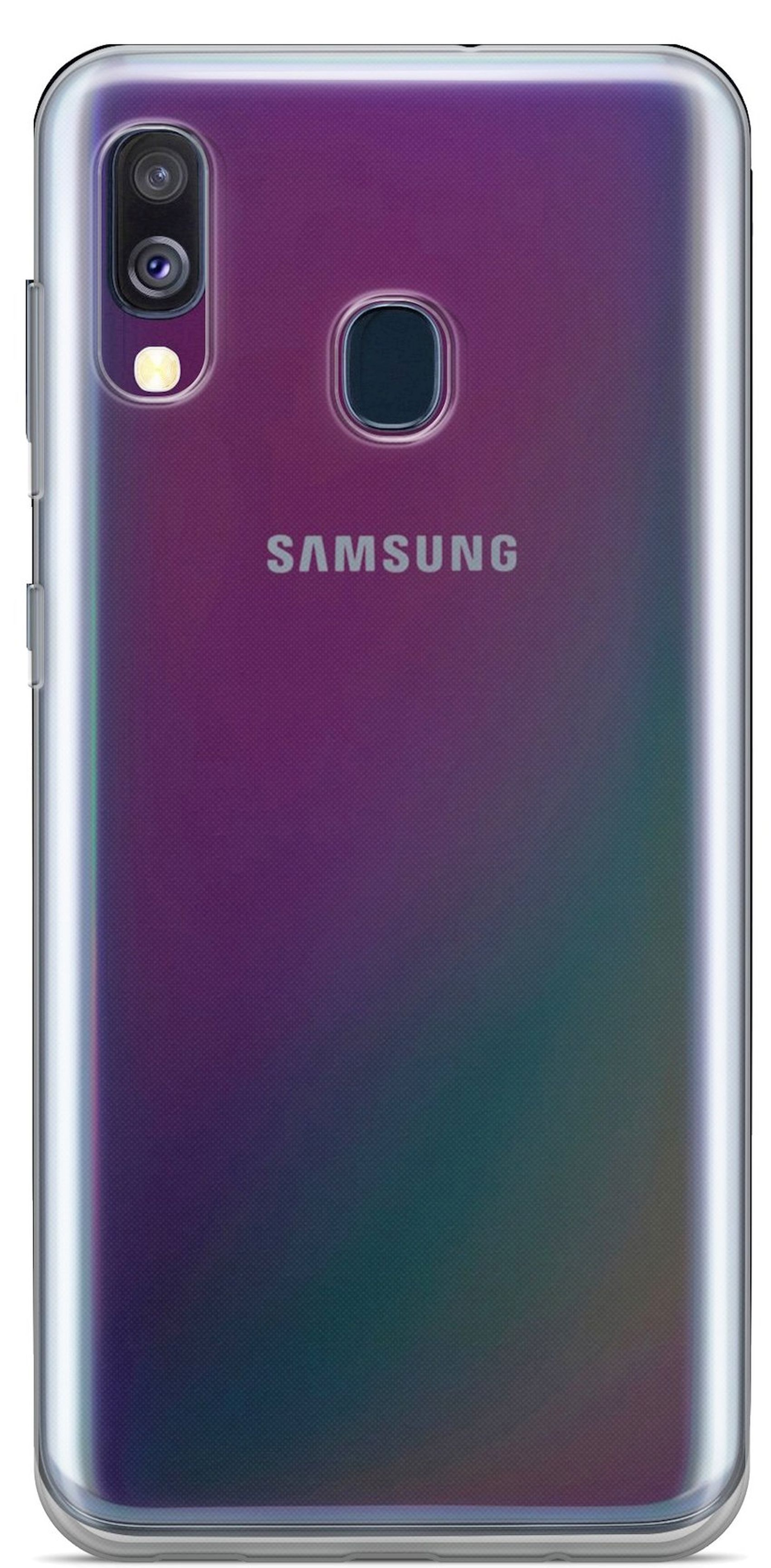 Samsung-Telefon in klarer Hülle, Rückansicht, mit Kamera und SAMSUNG-Text auf Gradientenhintergrund.