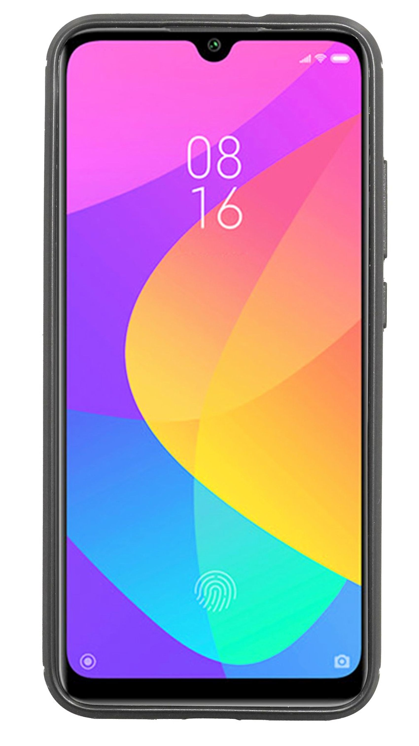 Telefon in einer Hülle mit farbenfrohem Bildschirm. Datum und Uhrzeit werden auf dem Bildschirm angezeigt.