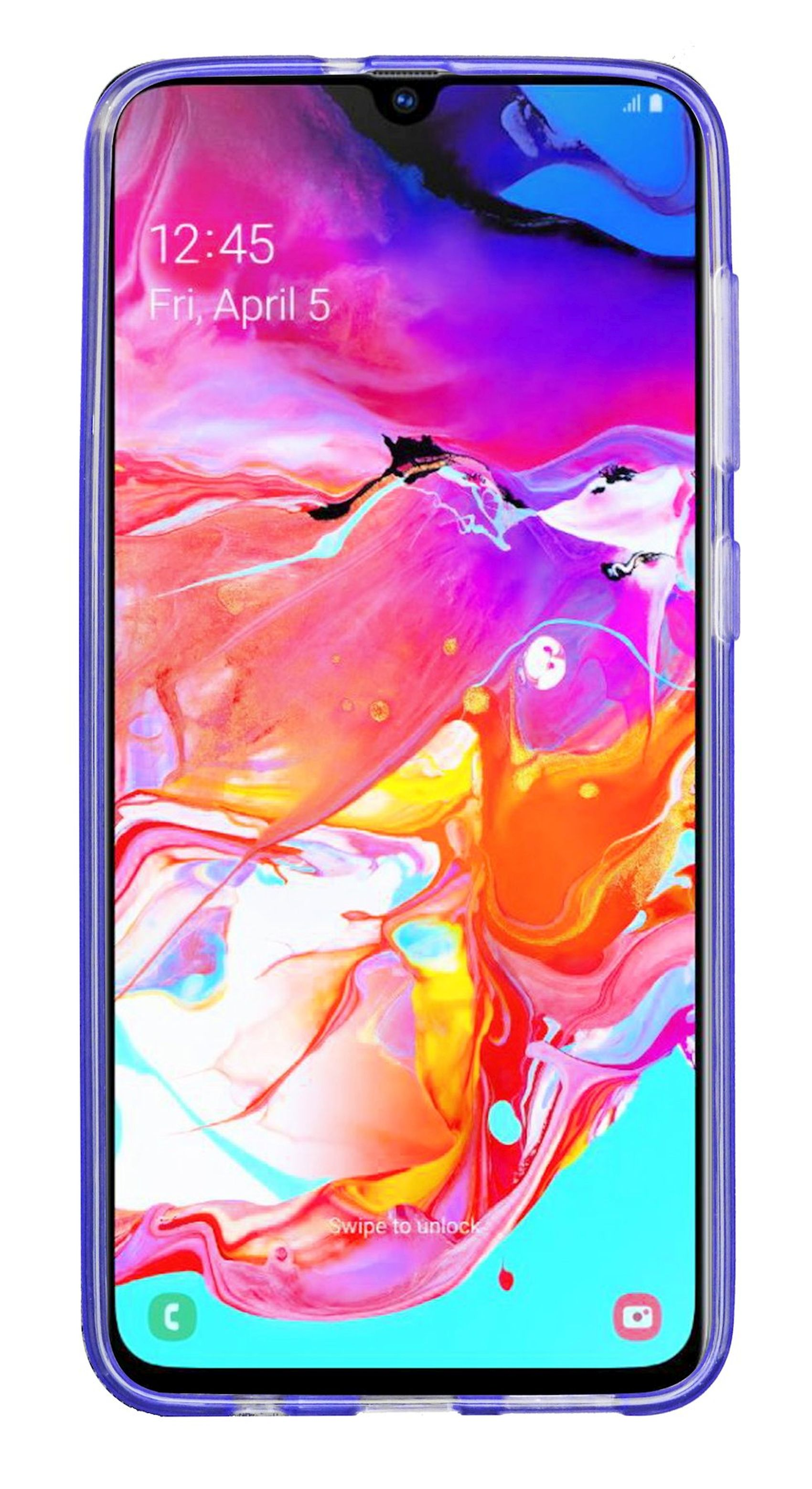 Telefonbildschirm mit abstrakter Kunst, lila Hülle. Weißer Hintergrund.