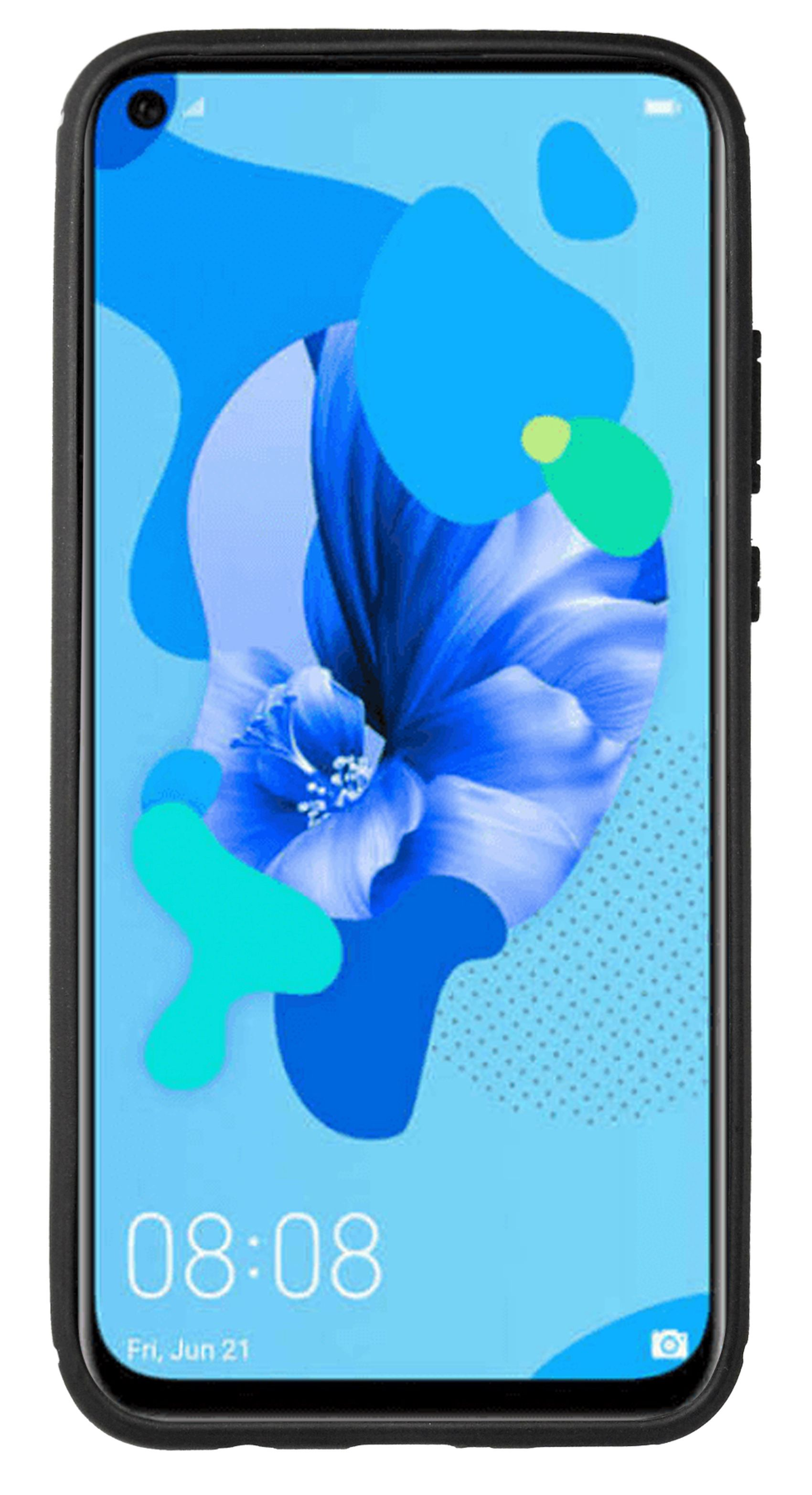 Schwarzes Telefon mit floralem Bildschirm und schwarzer Hülle.