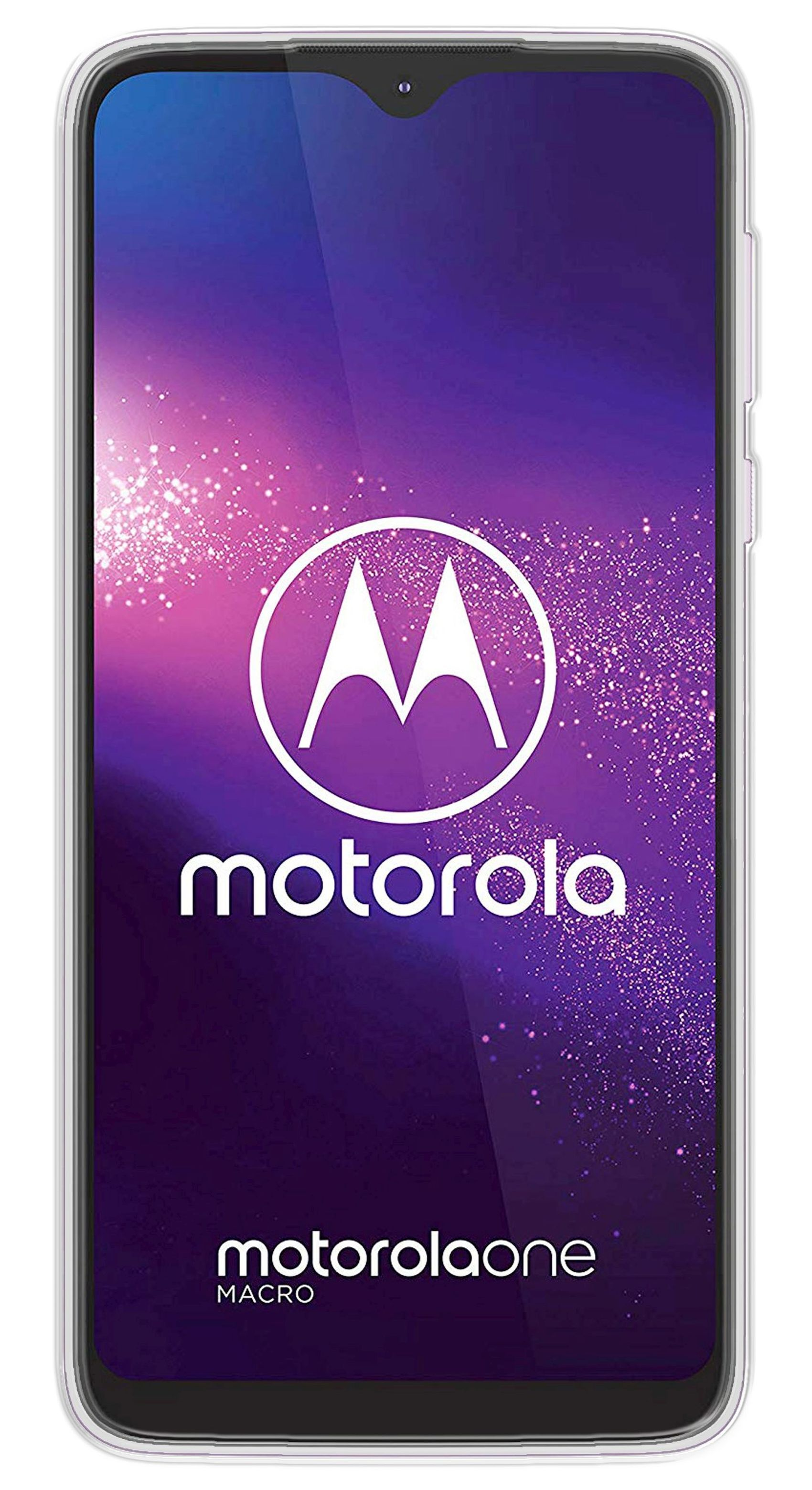 Motorola-Telefon mit transparentem Gehäuse. Der Bildschirm zeigt einen violetten Hintergrund mit weißem Motorola-Logo in der Mitte.